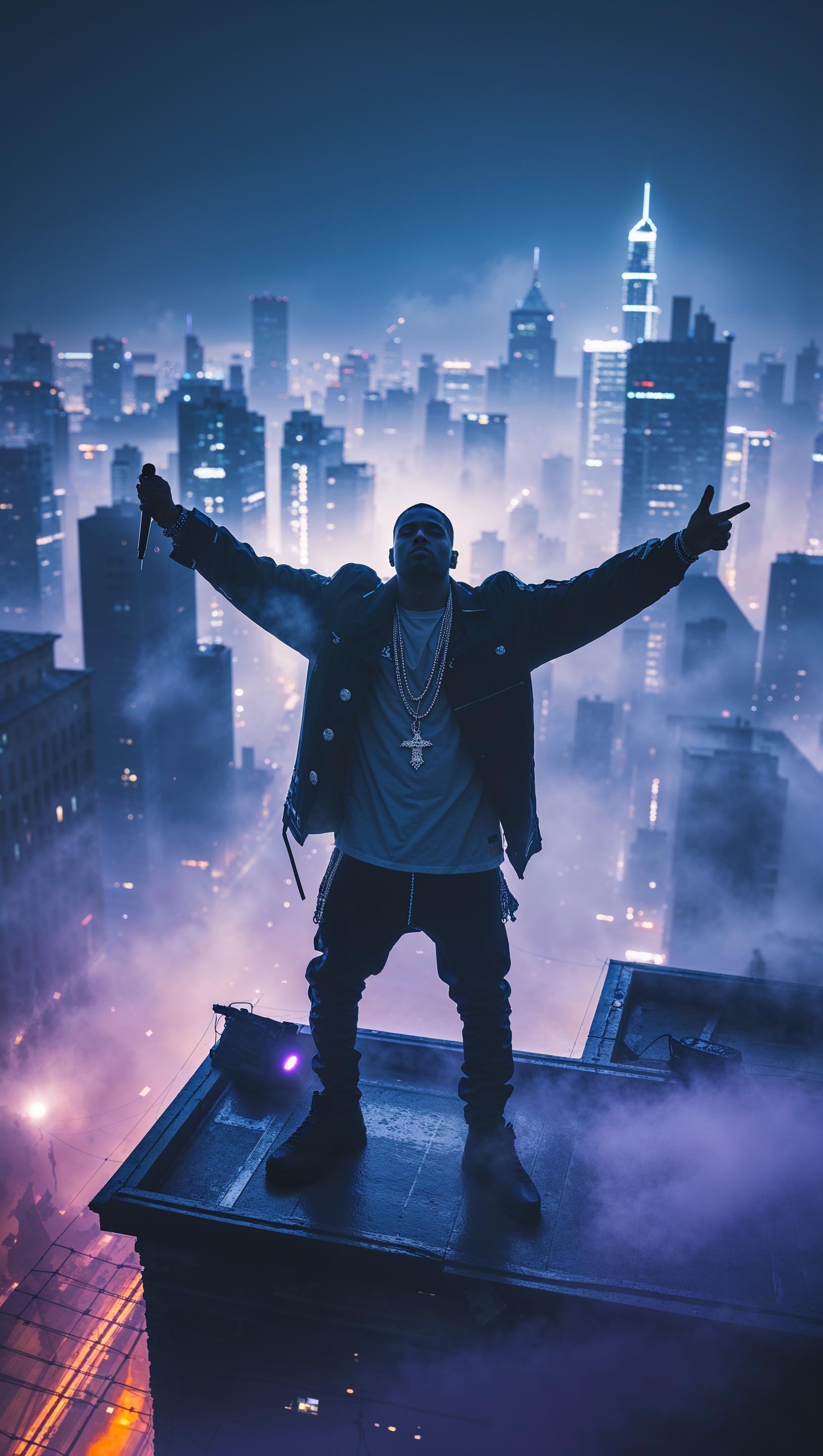 Silhouette of a rapper at night in a foggy urban light