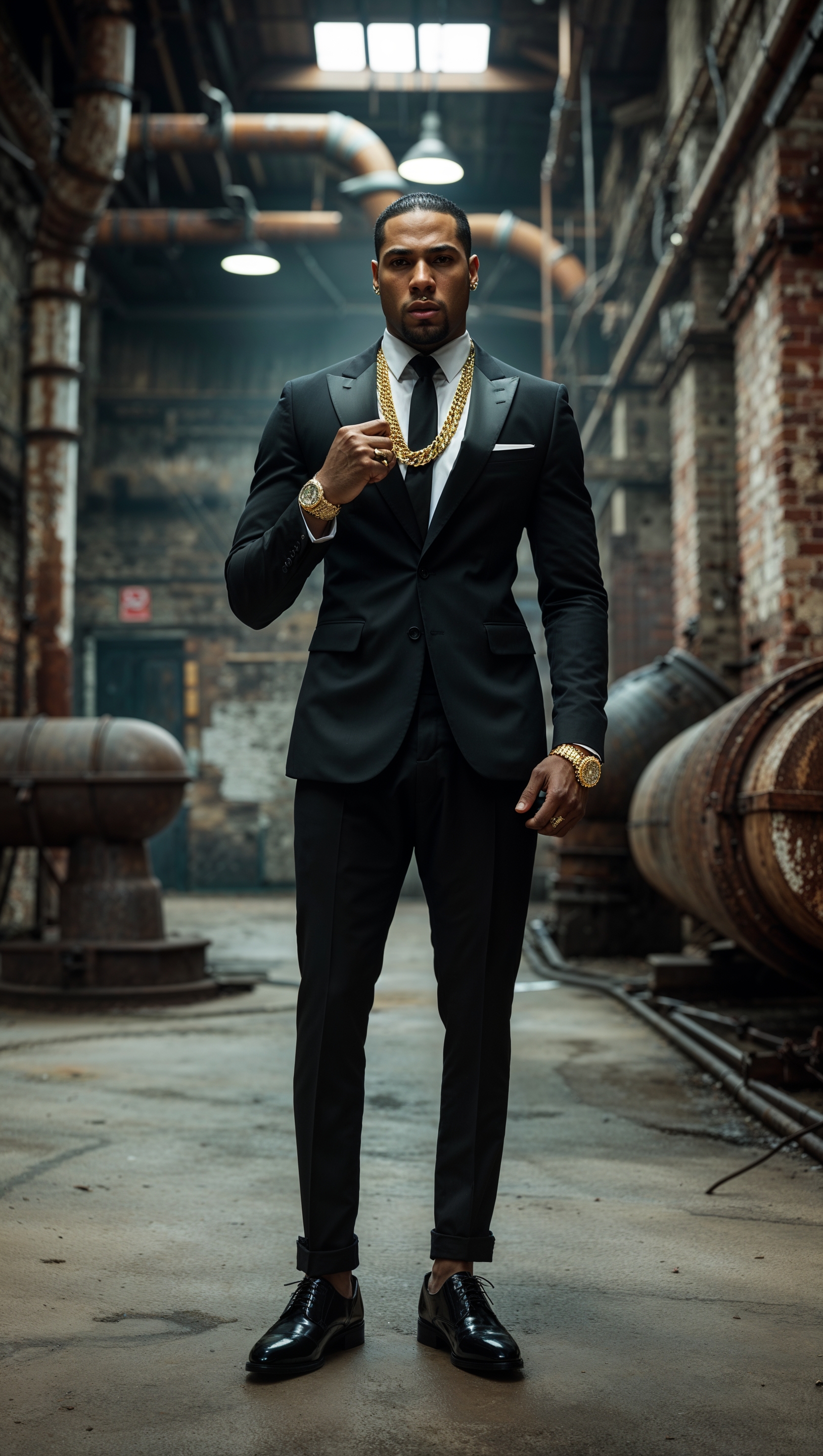 Rapper in a black suit in an industrial environment
