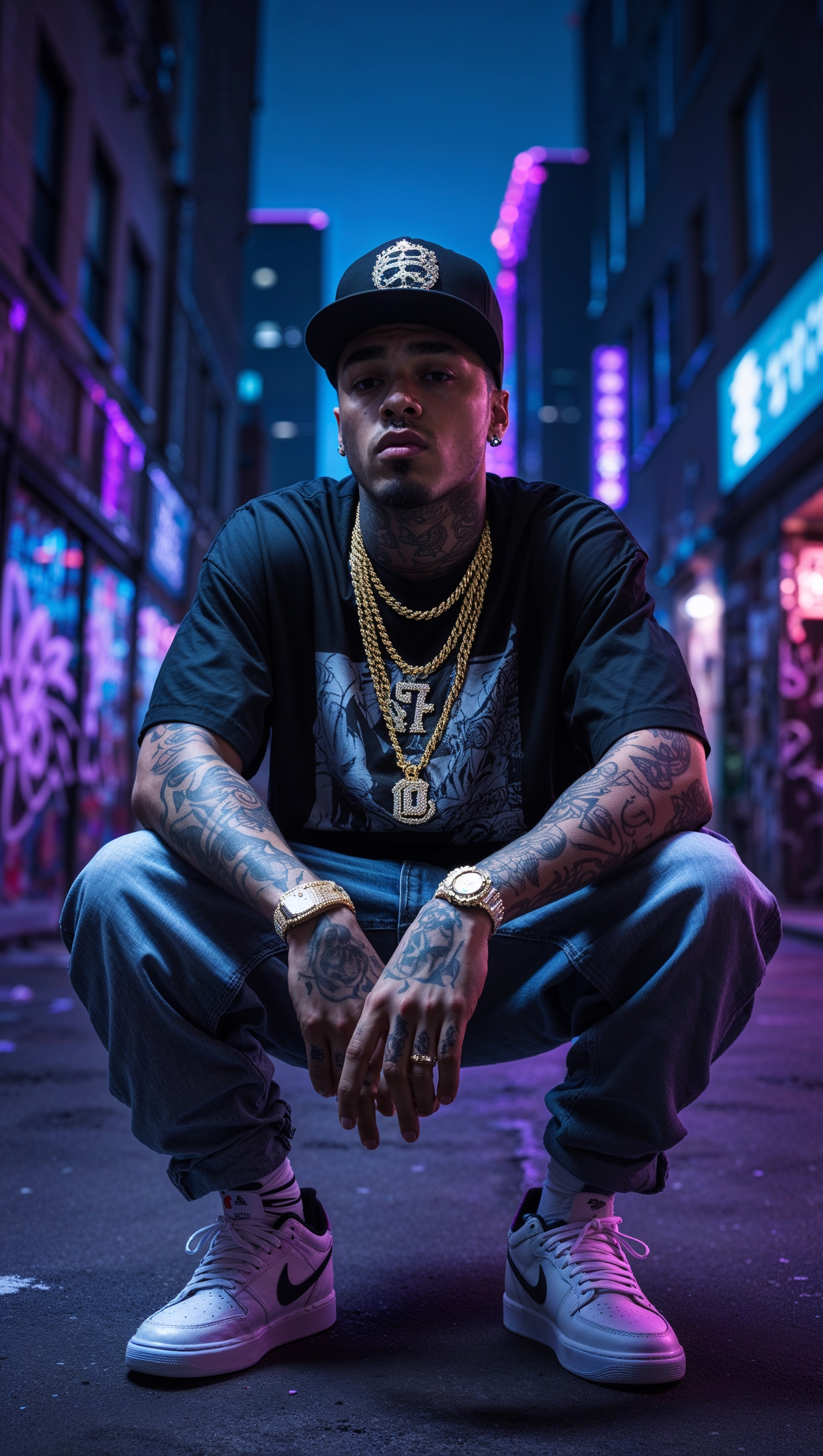 A rapper wearing a baseball cap under purple and blue neon lights, street style