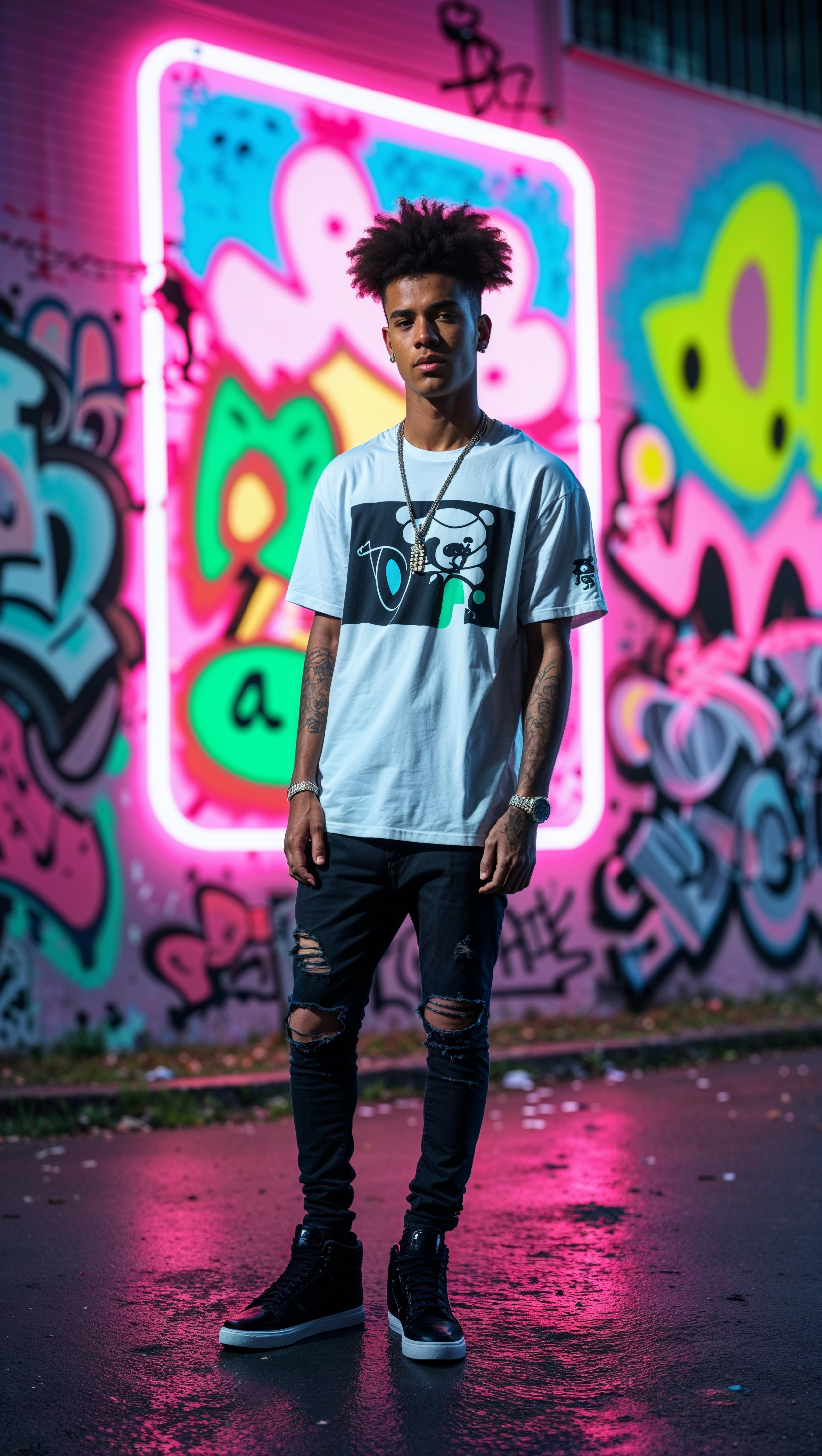 Young rapper in front of a graffiti wall with neon lights