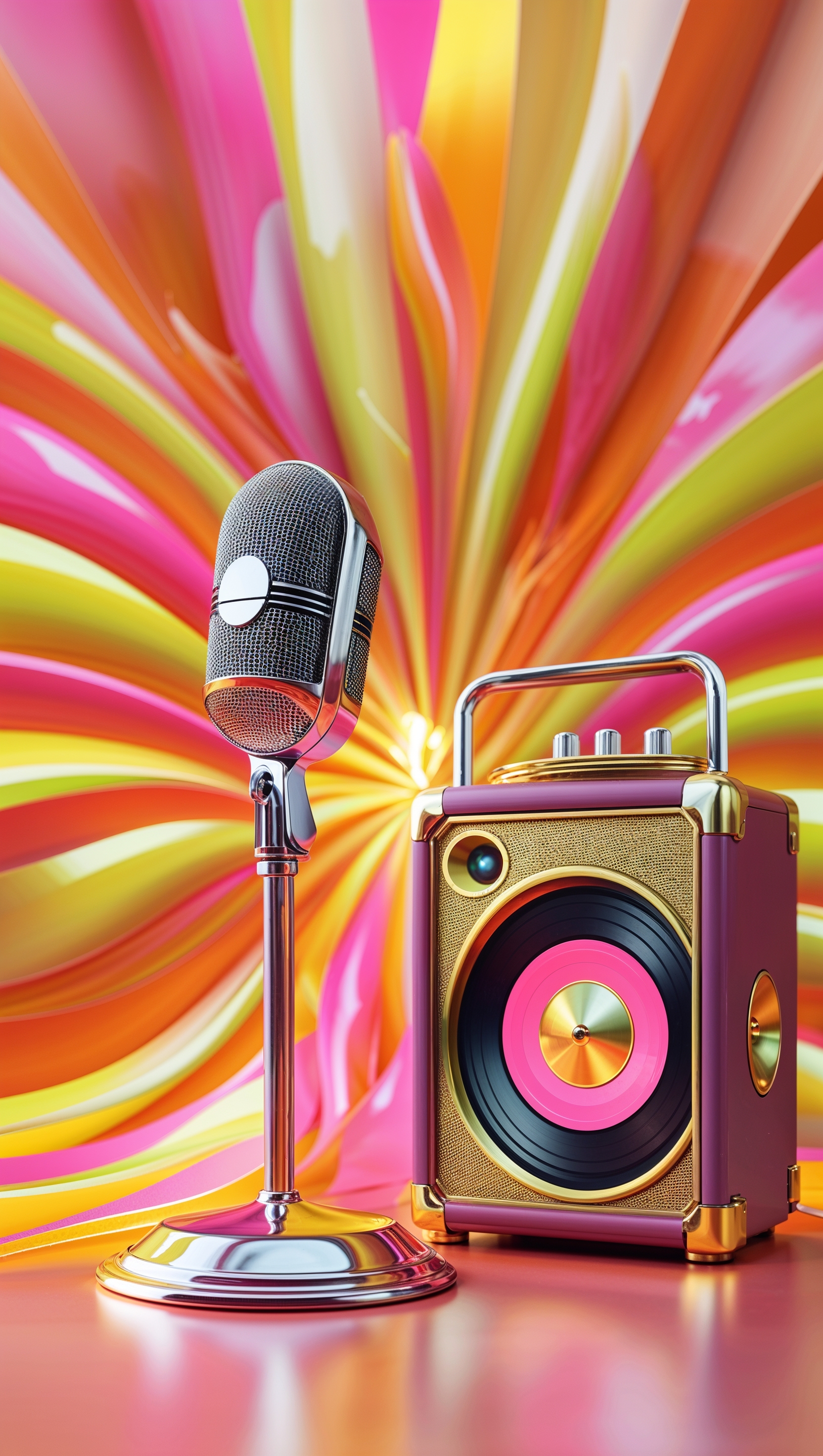 Artistic design of a microphone and speaker with colorful background