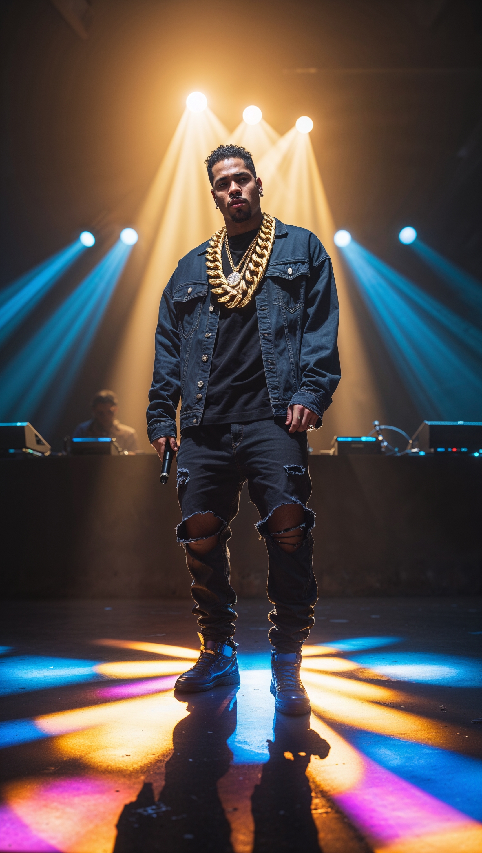 Rap artist performing on stage with intense spotlights