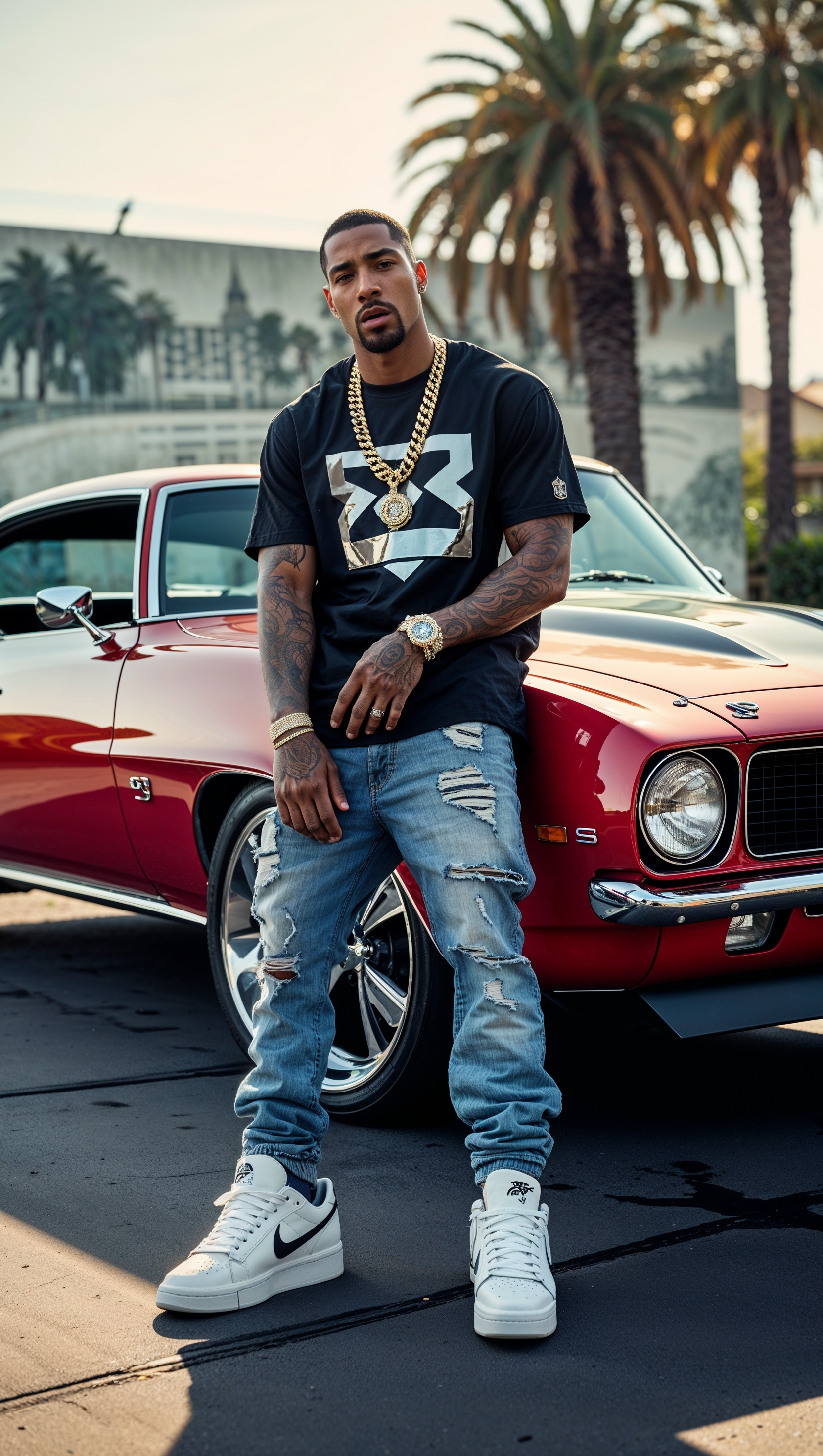 Rapper leaning against a classic American car wearing sporty clothes