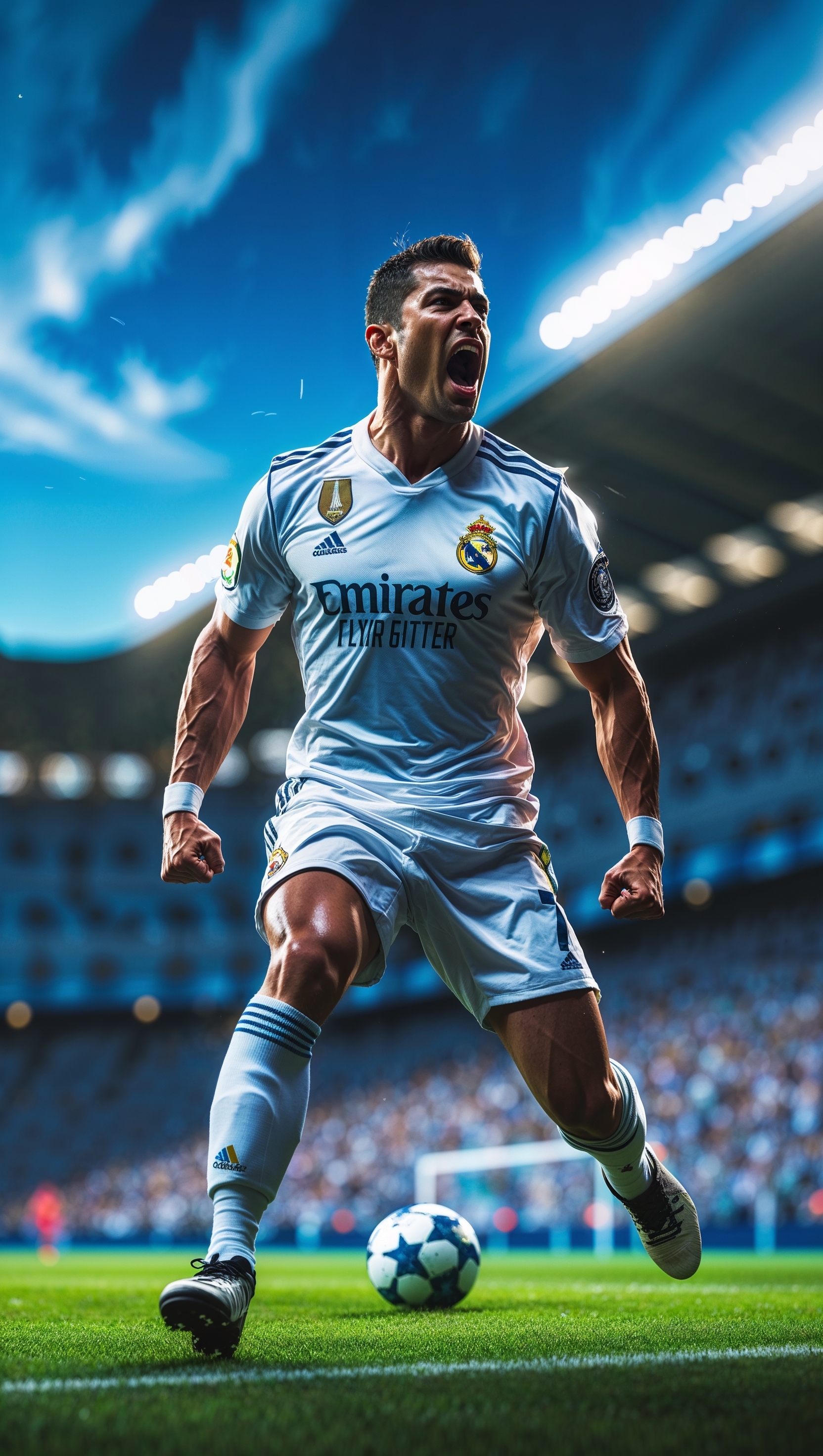 Real Madrid player scoring a goal at Santiago Bernabéu stadium, cinematic lighting, 4K resolution