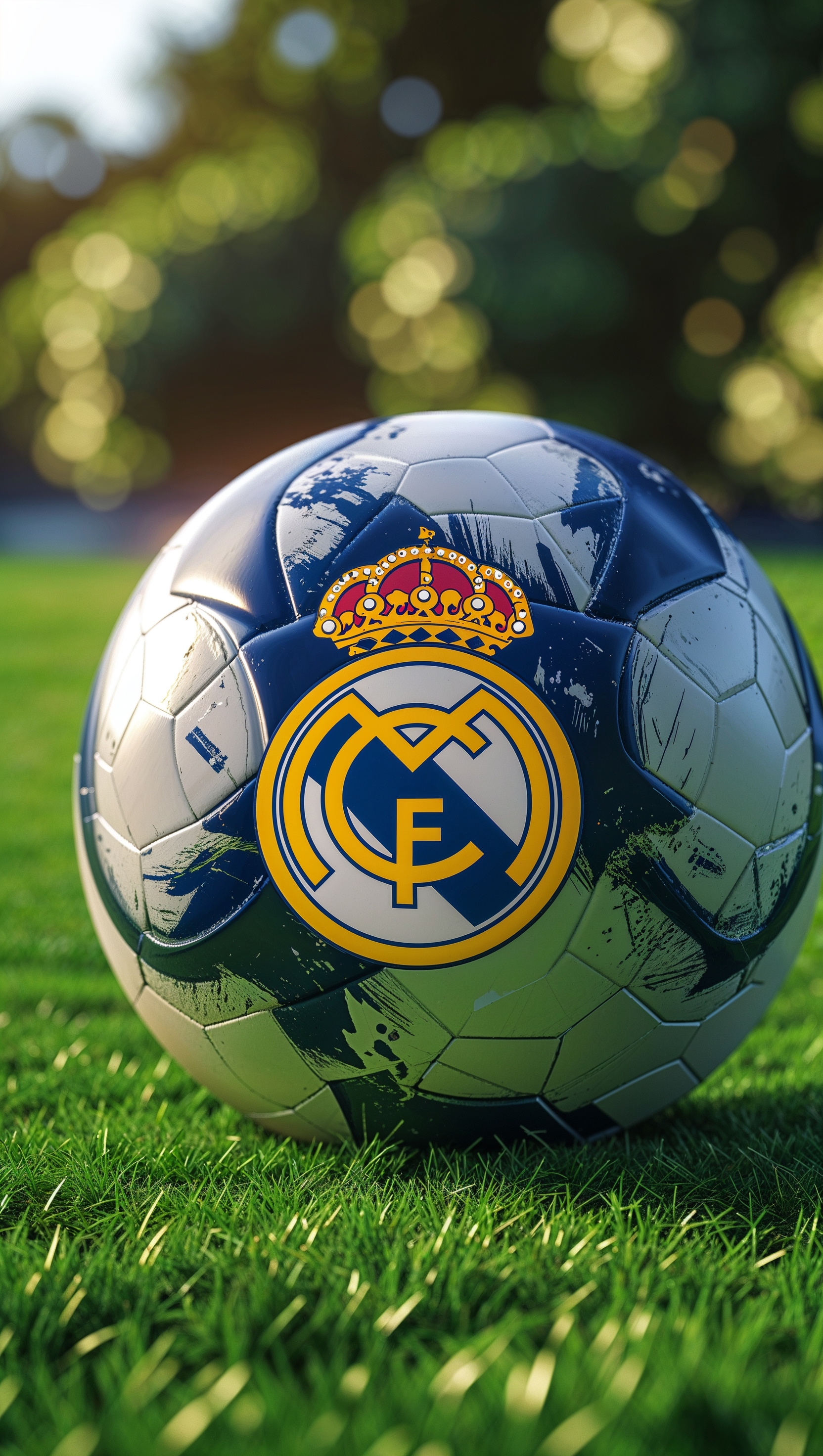 Iconic image of a football on grass with Real Madrid logo