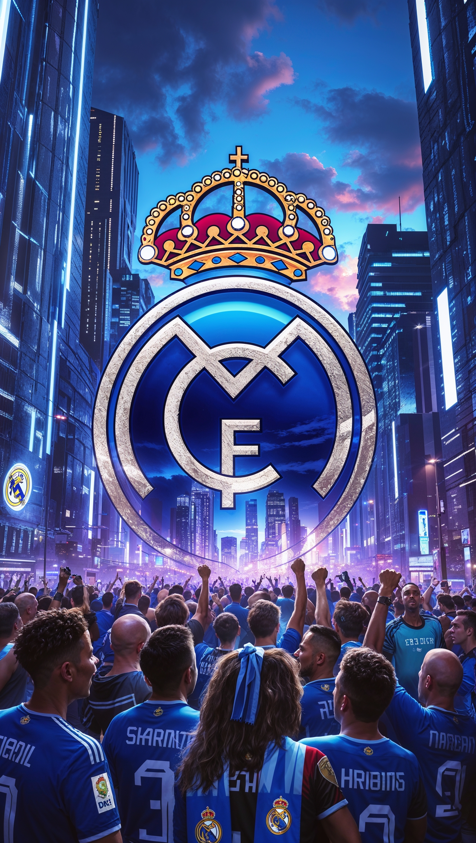 Real Madrid combined with modern city elements, blue and silver color scheme
