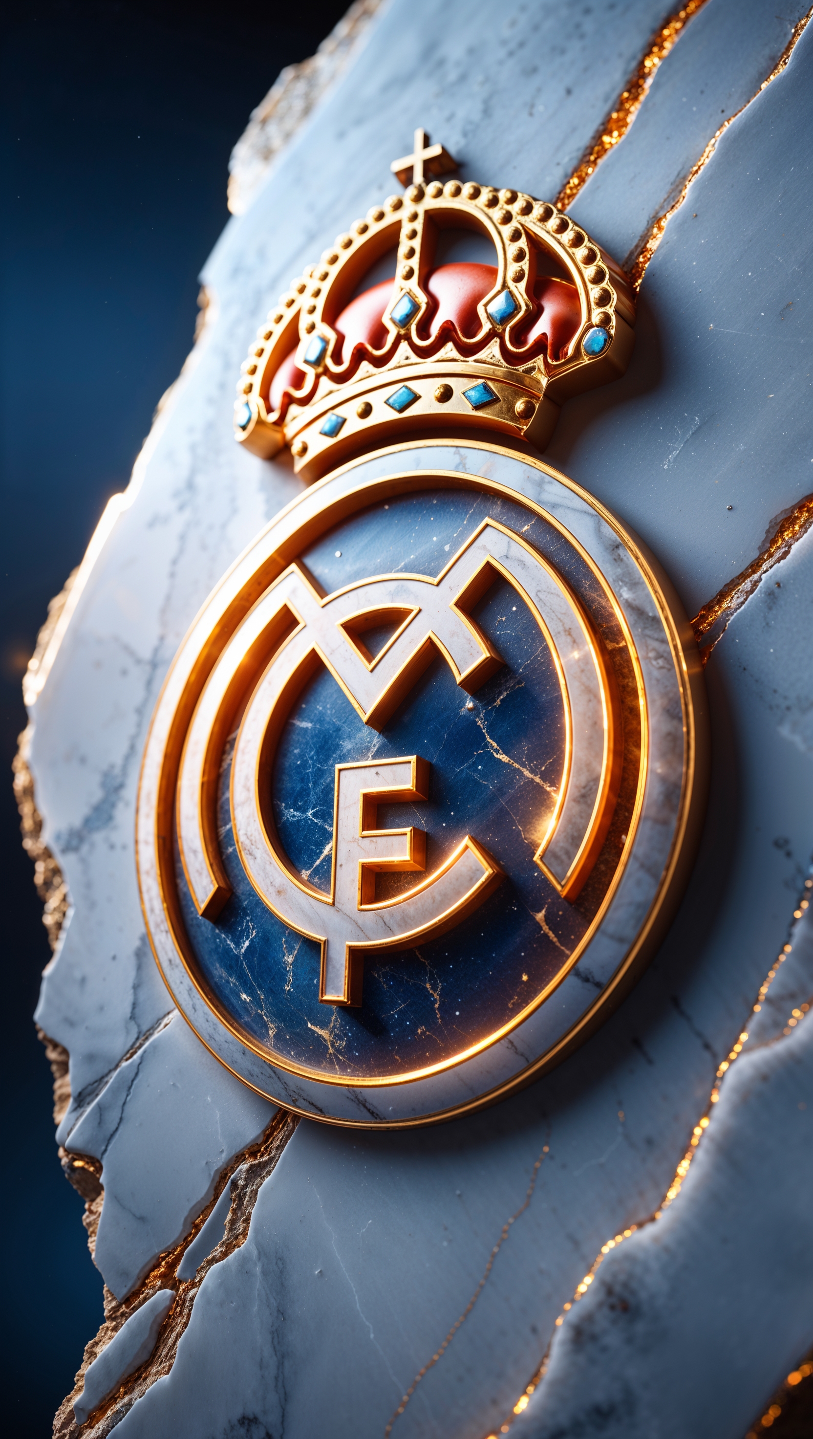 Real Madrid logo carved into white marble with luxurious lighting