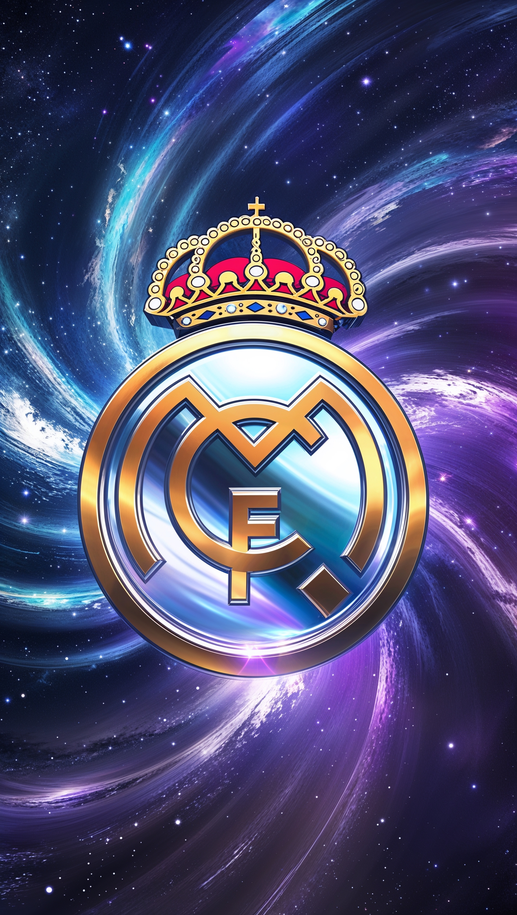 Space-themed image with the Real Madrid logo spinning in a galaxy