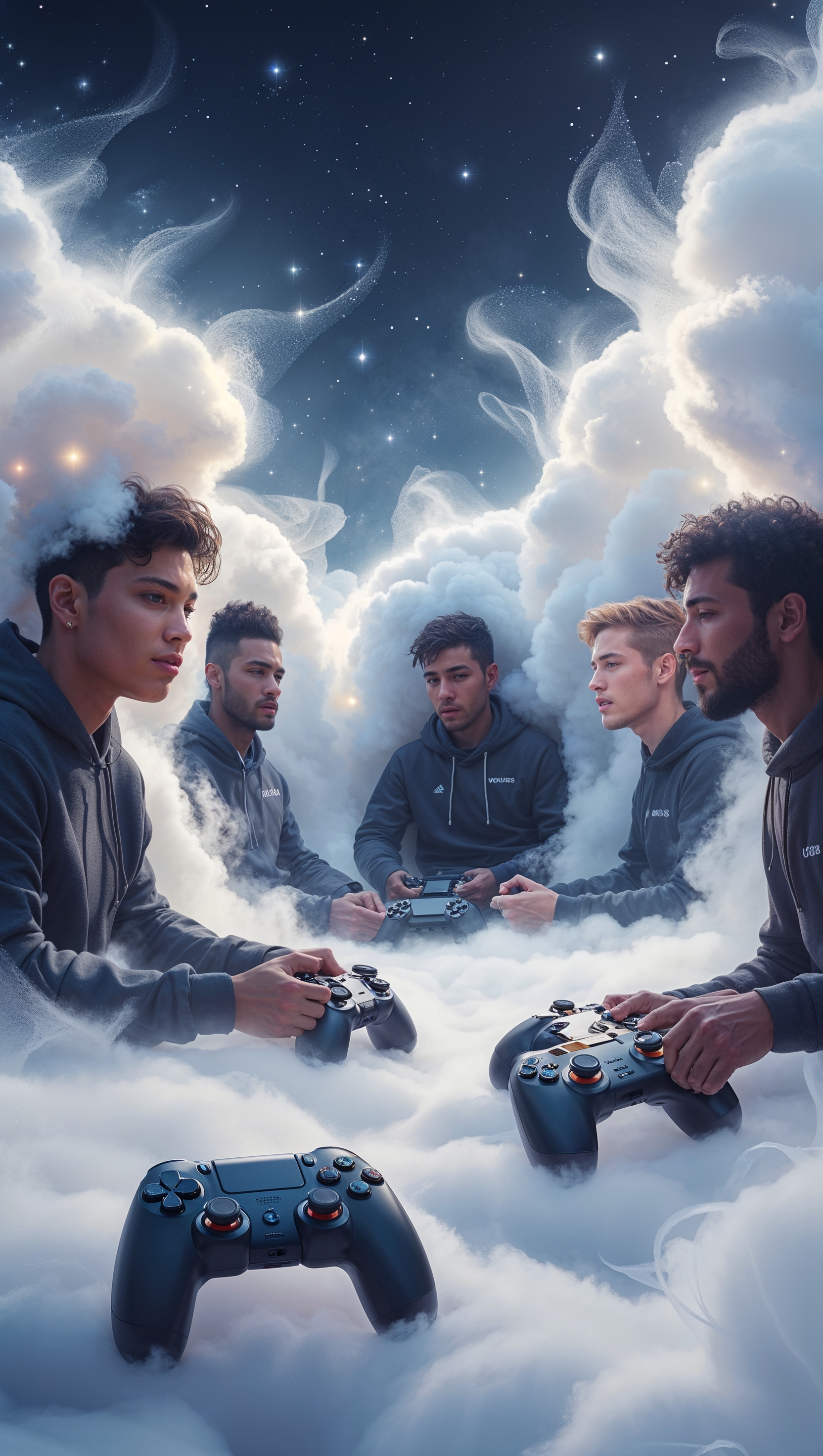 Surreal image of players playing on clouds