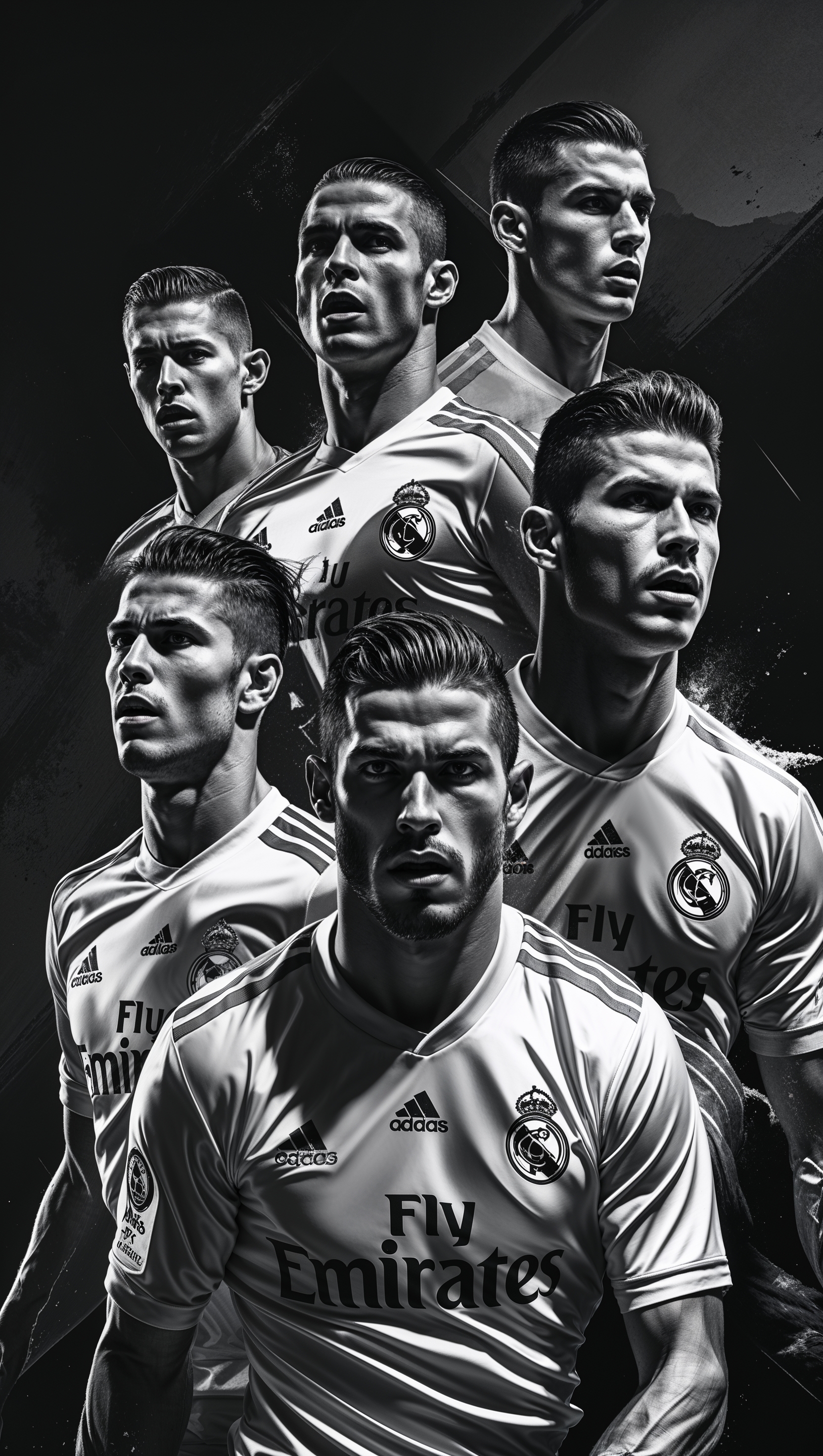 Black and white design of Real Madrid players with high contrast