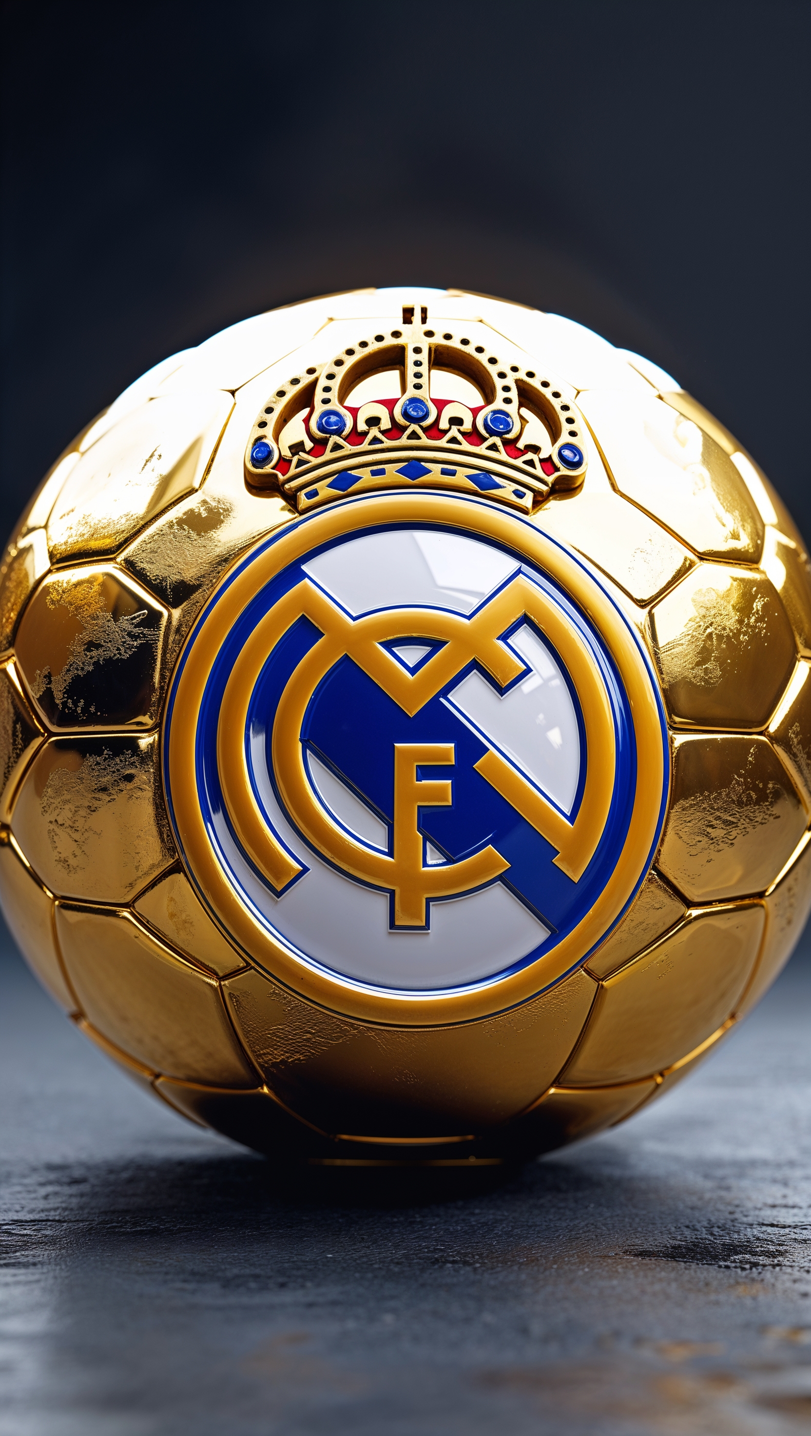 Artistic image of a golden ball with Real Madrid emblem