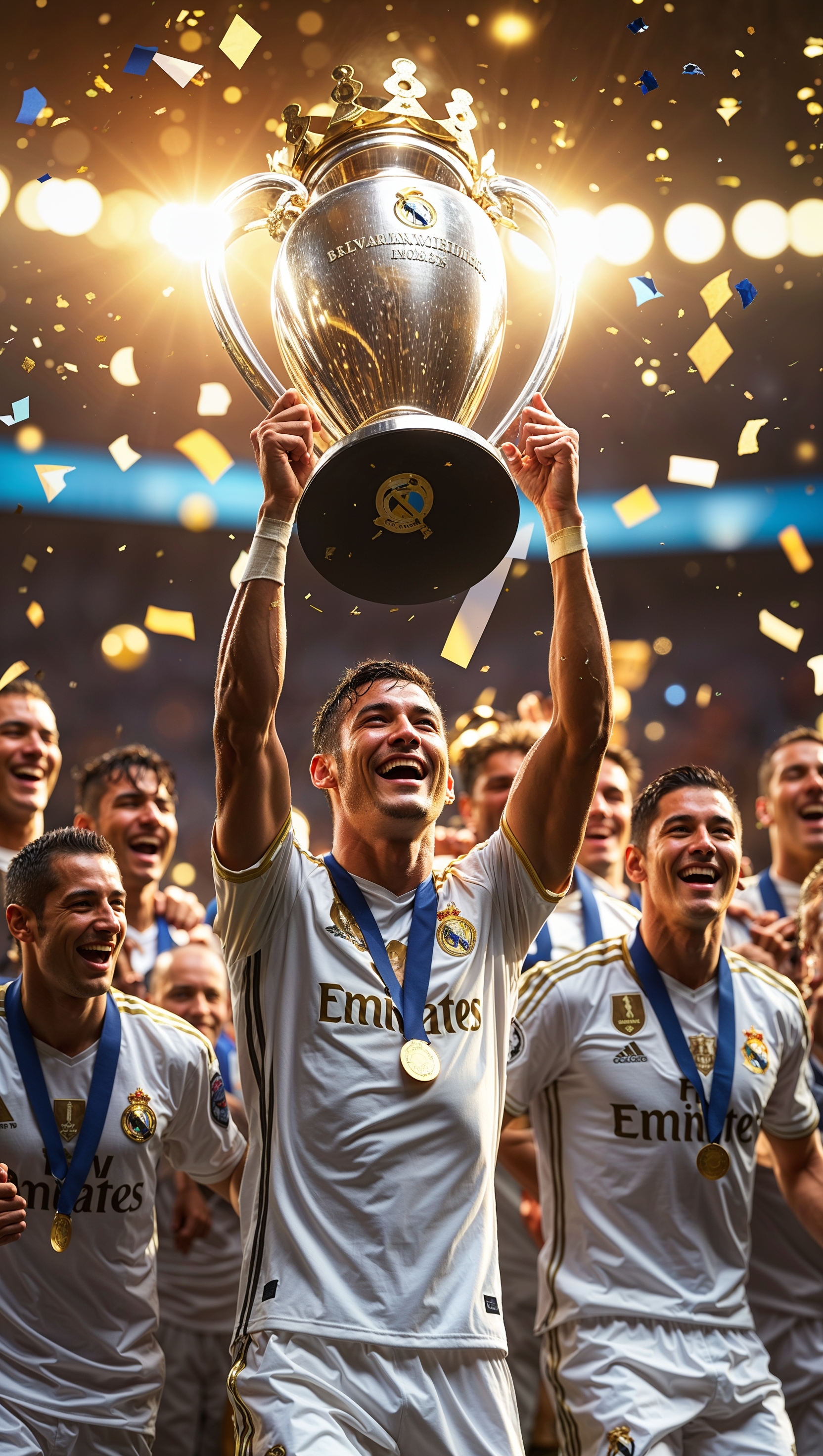 Real Madrid players in white jersey celebrating a championship, golden effects