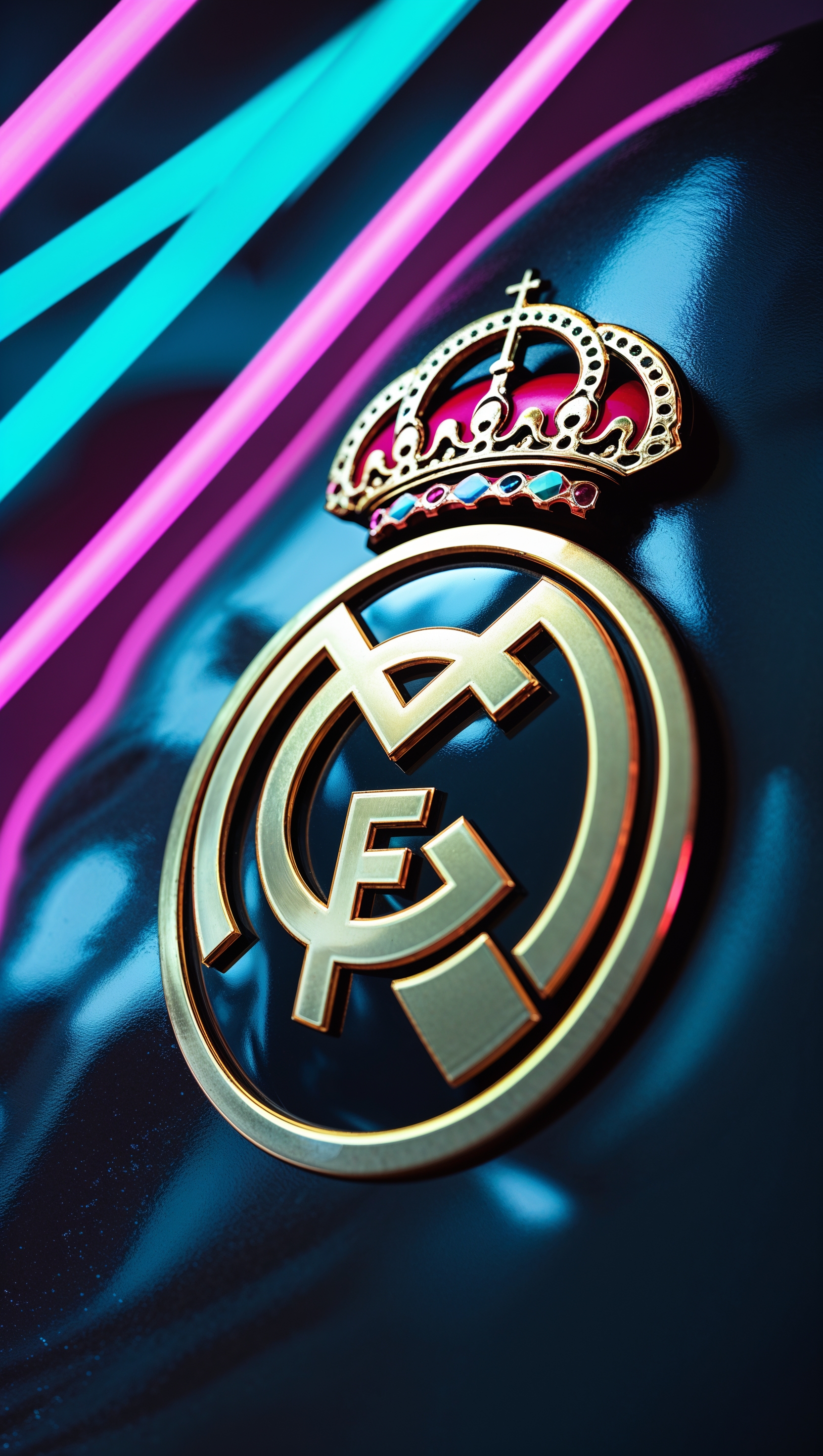 Golden Real Madrid logo on a glossy black background with neon lights