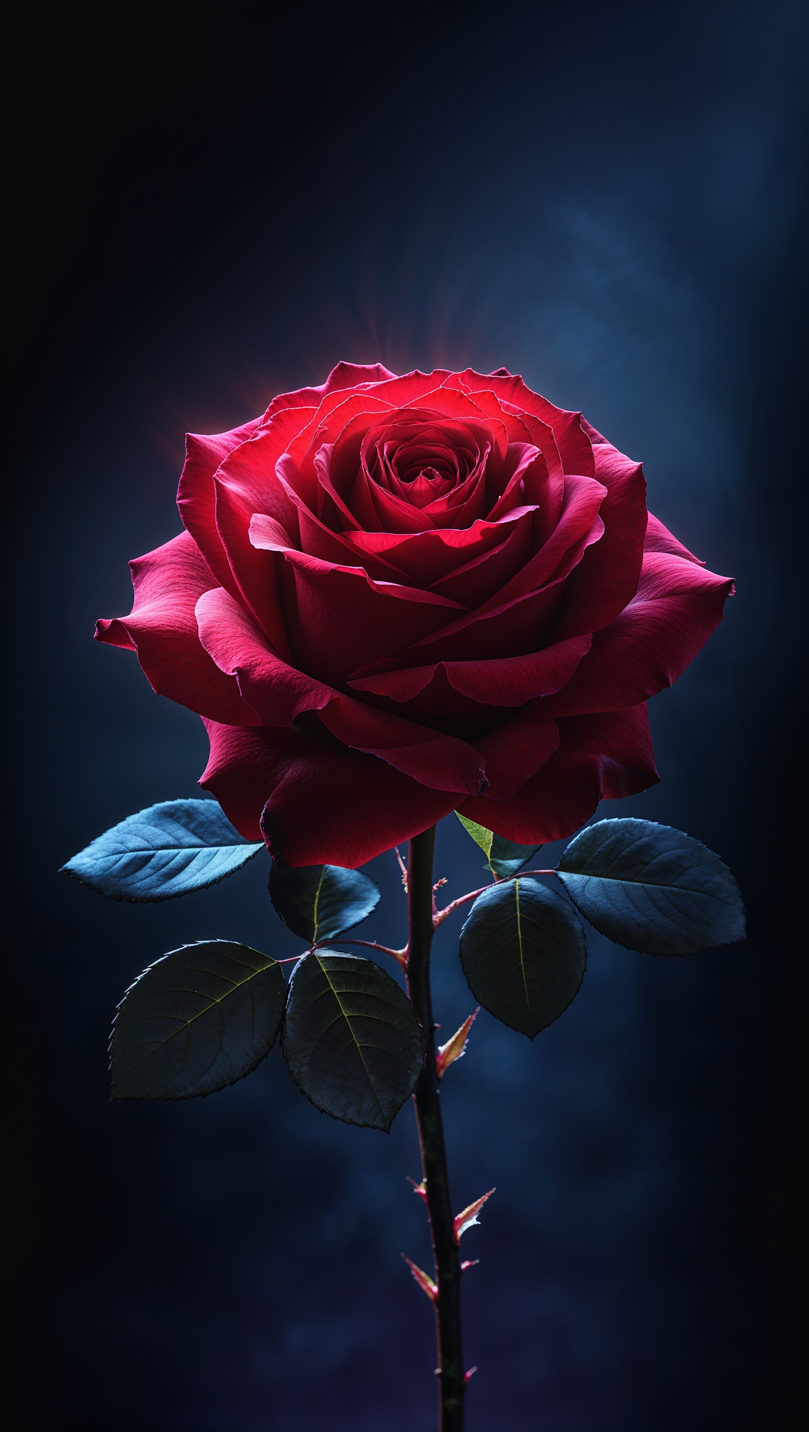 A red rose with artistic lighting and a dark background
