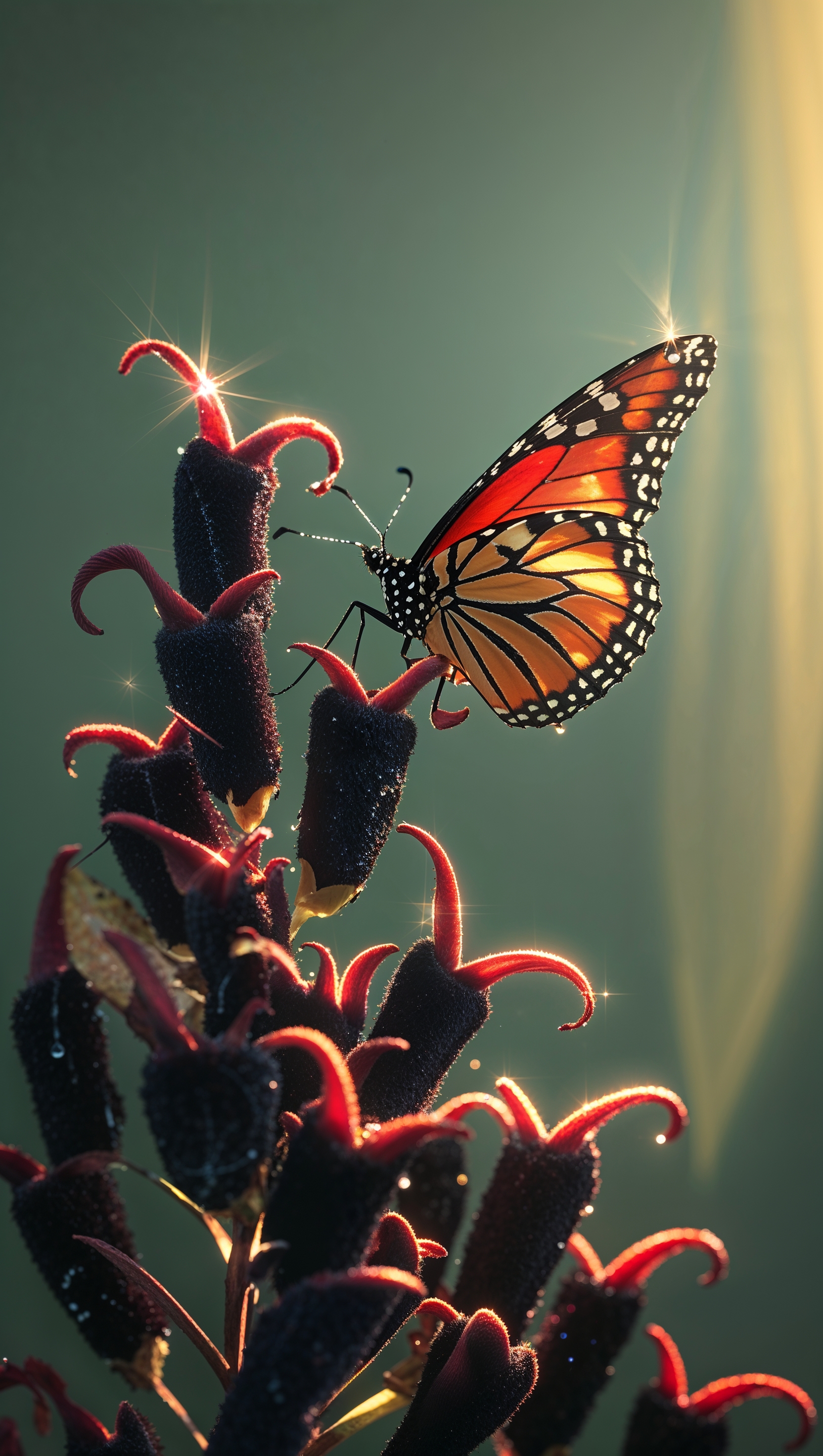 A red butterfly flying among dark flowers