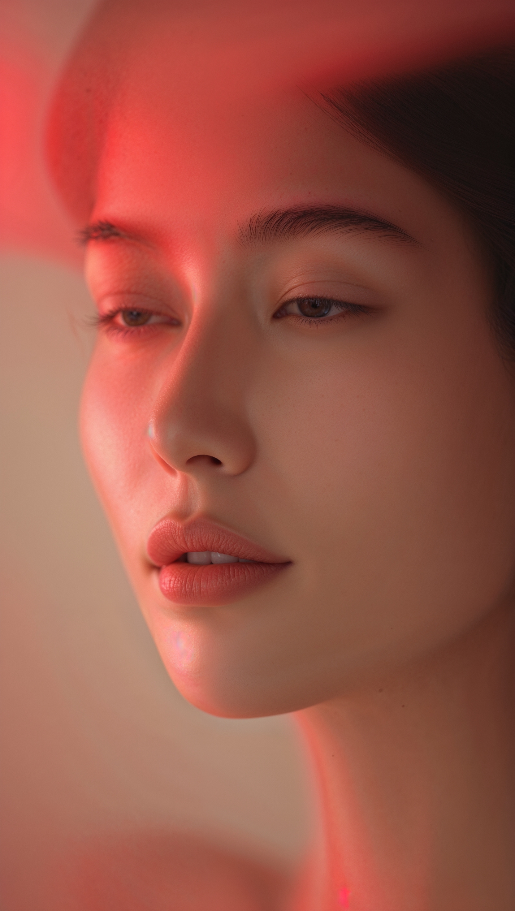Half-blurred face of a woman with soft red light in background