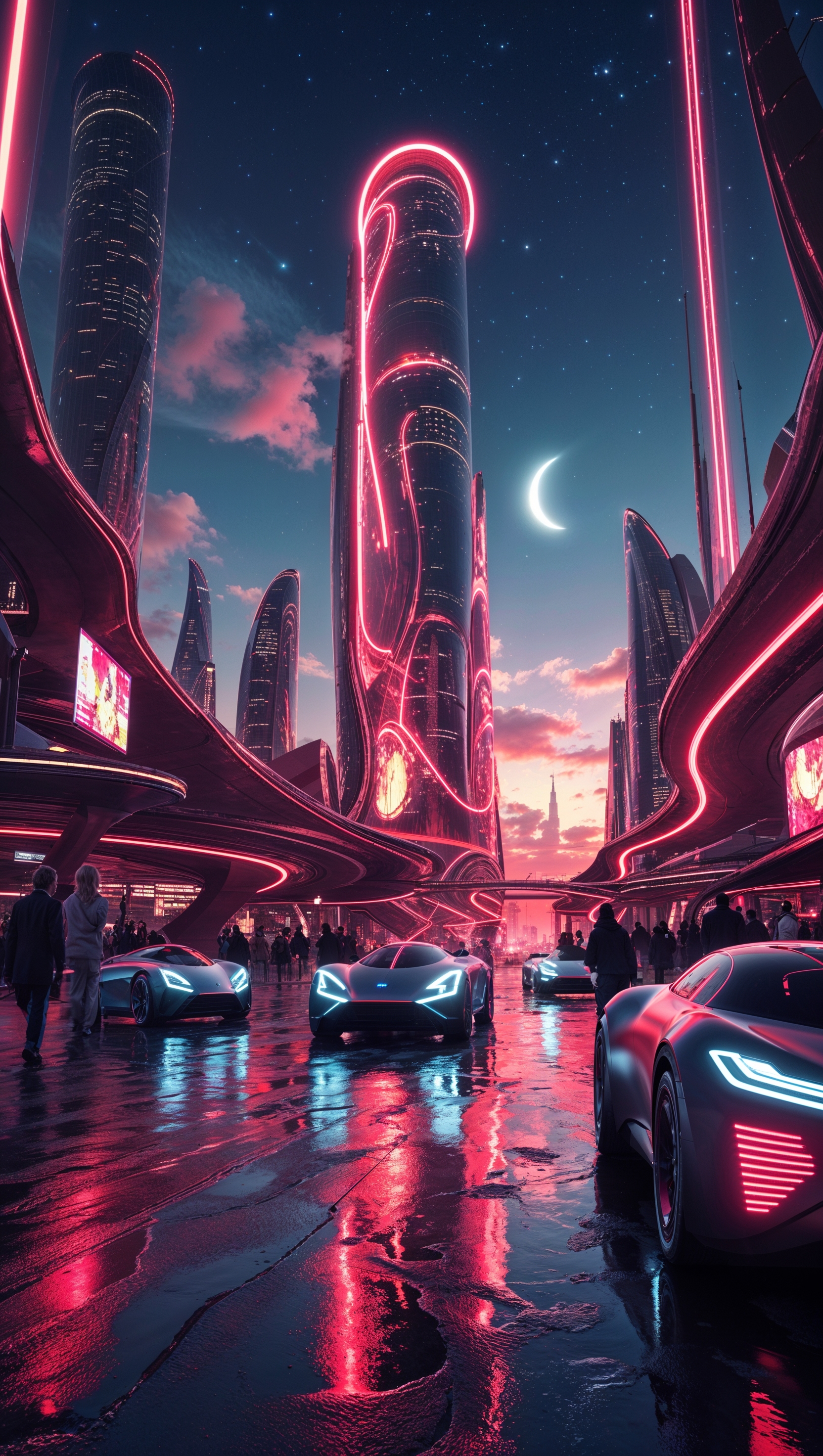 Futuristic city with red neon lights at night