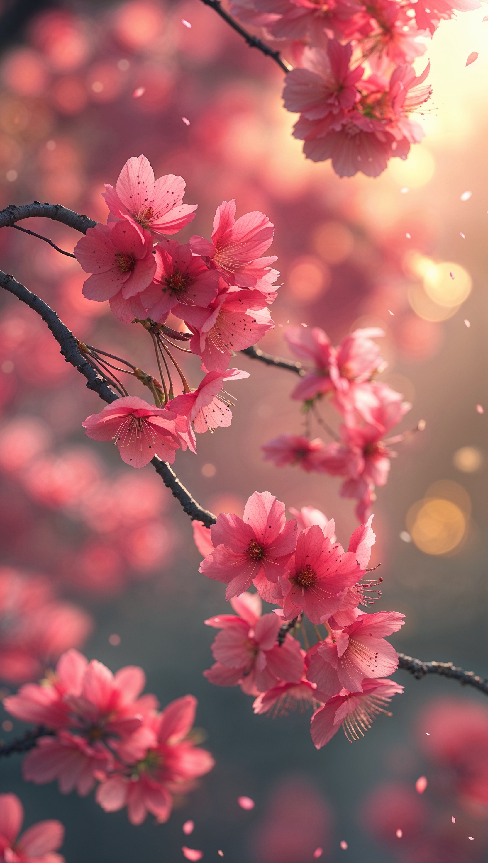 Red blossoms in the wind with a blurred background