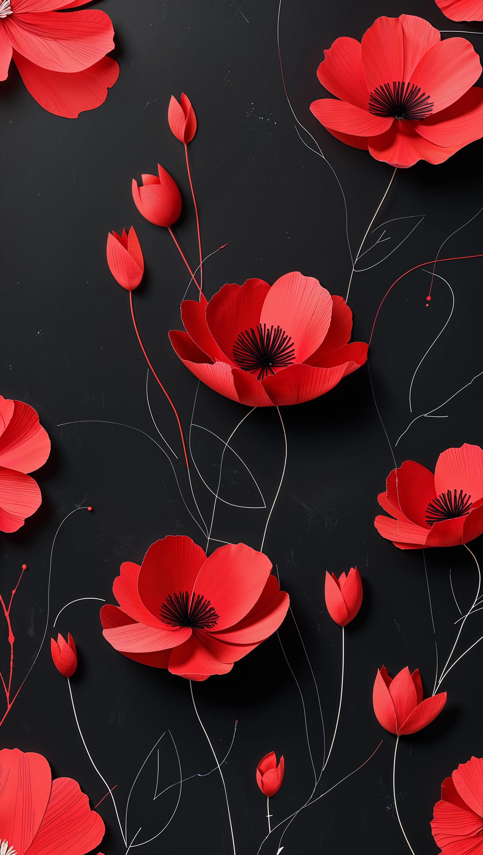 Red floral patterns on black background in minimal style