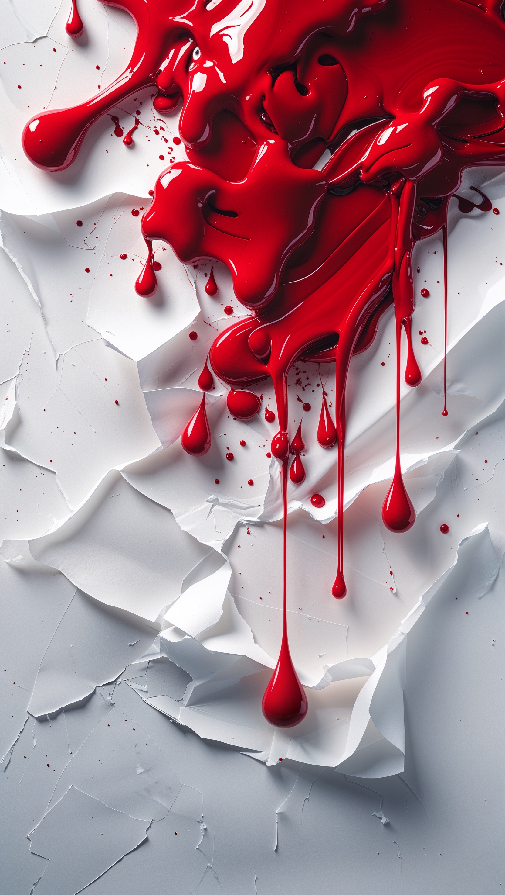 Red paint dripping from above onto white paper with artistic effect