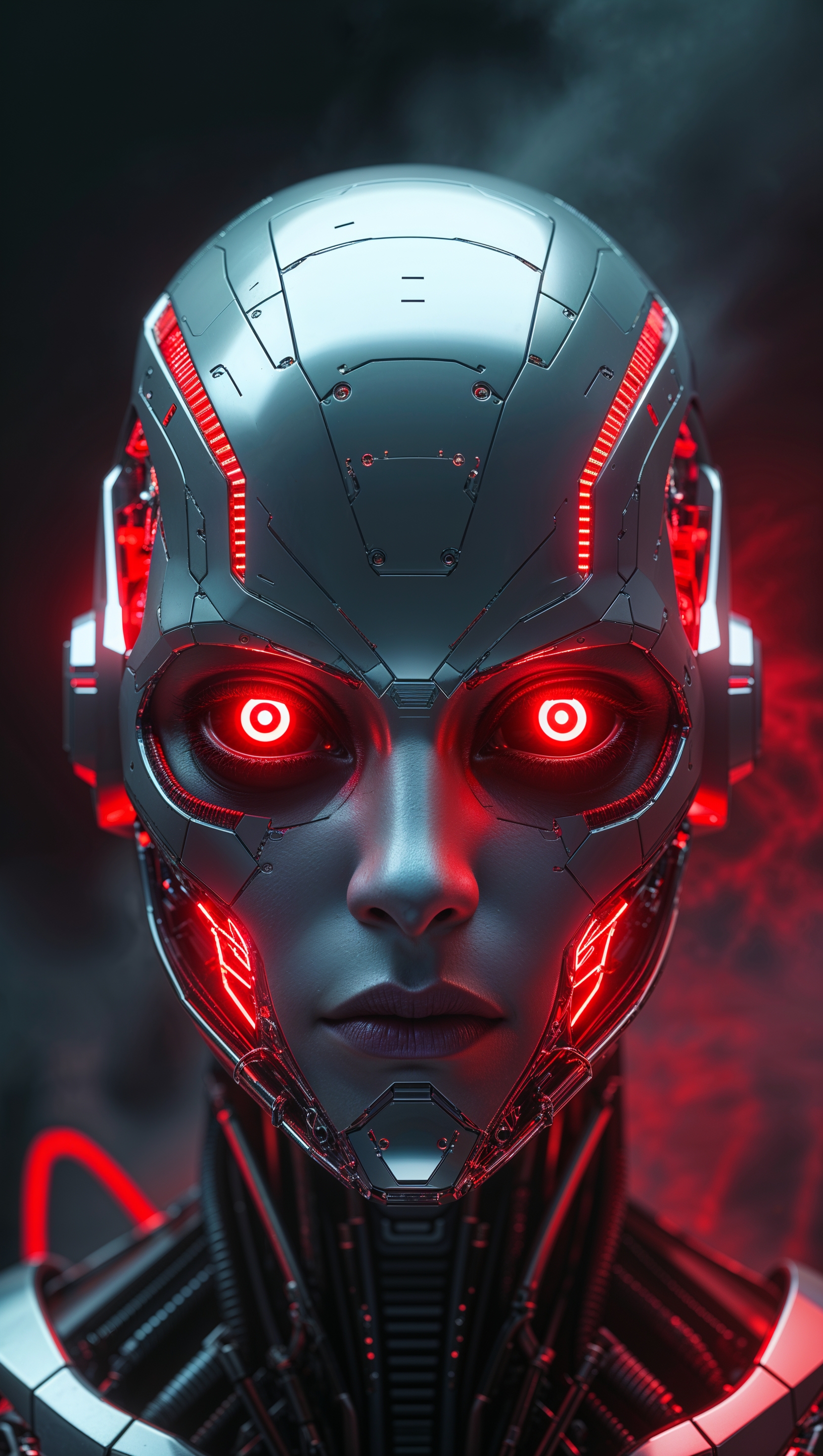 A robotic face glowing red from within, sci-fi design