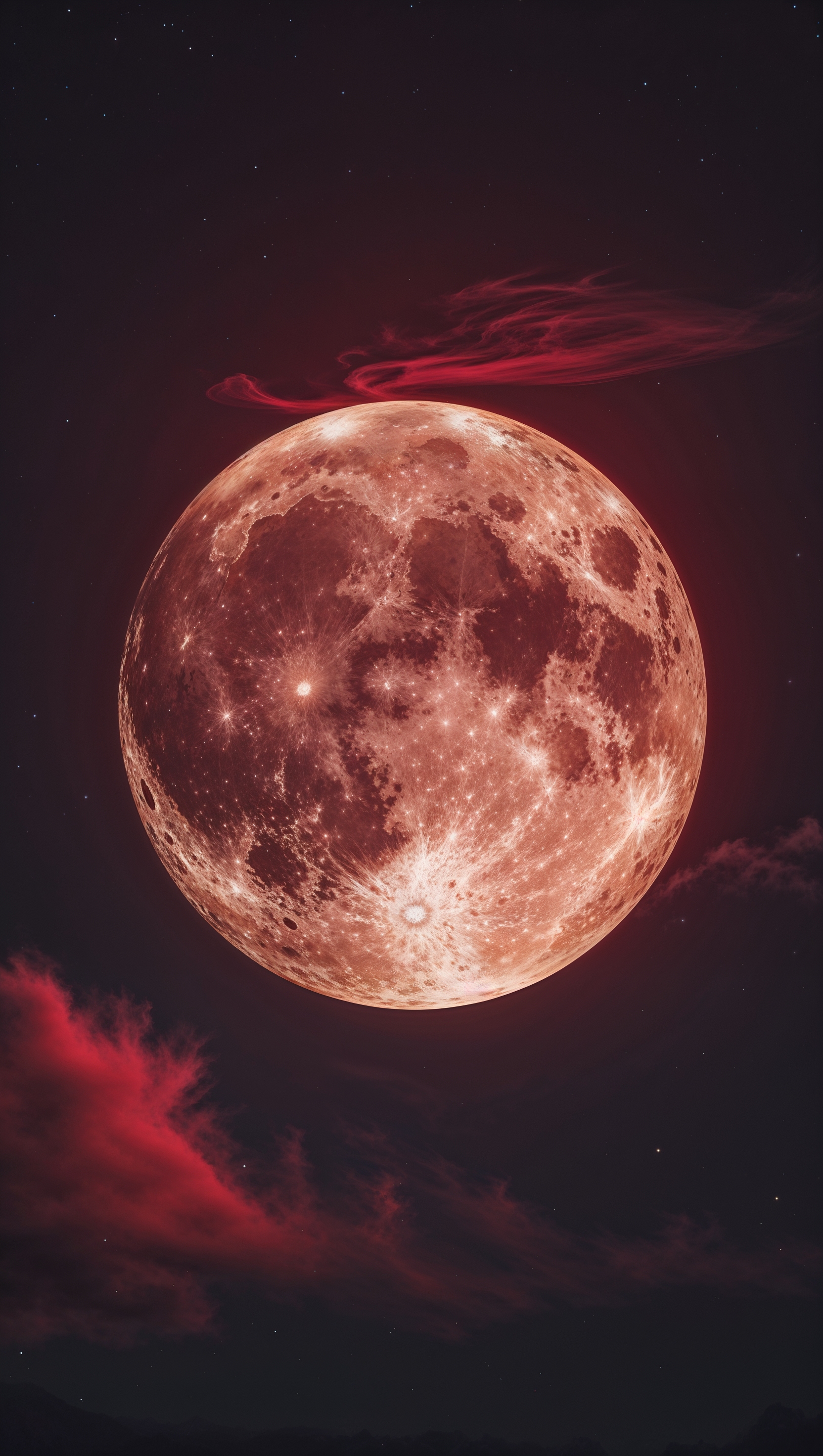 Full red moon in a dark sky with a fantasy vibe