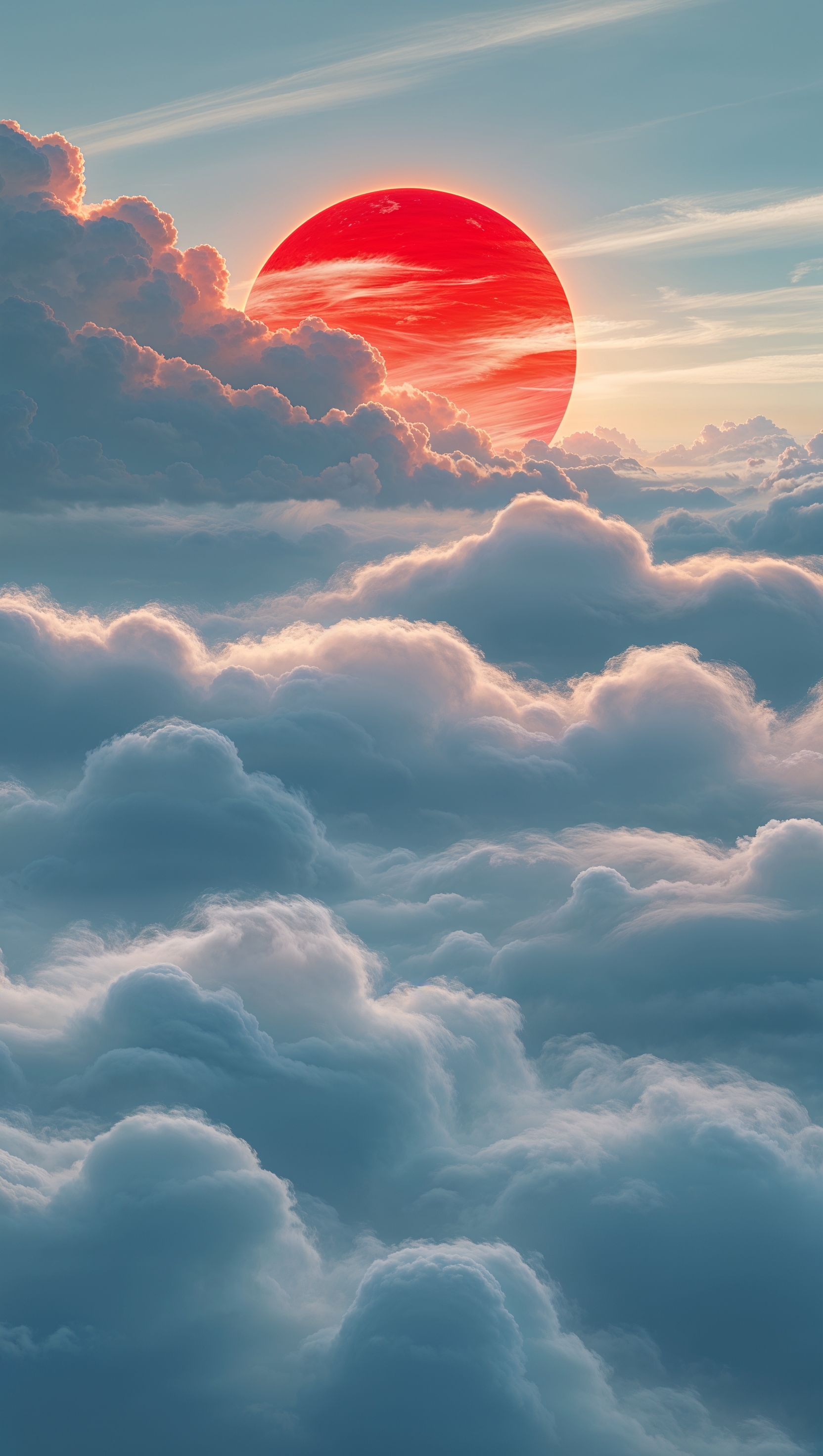 Red sun behind clouds with a calm and mysterious mood