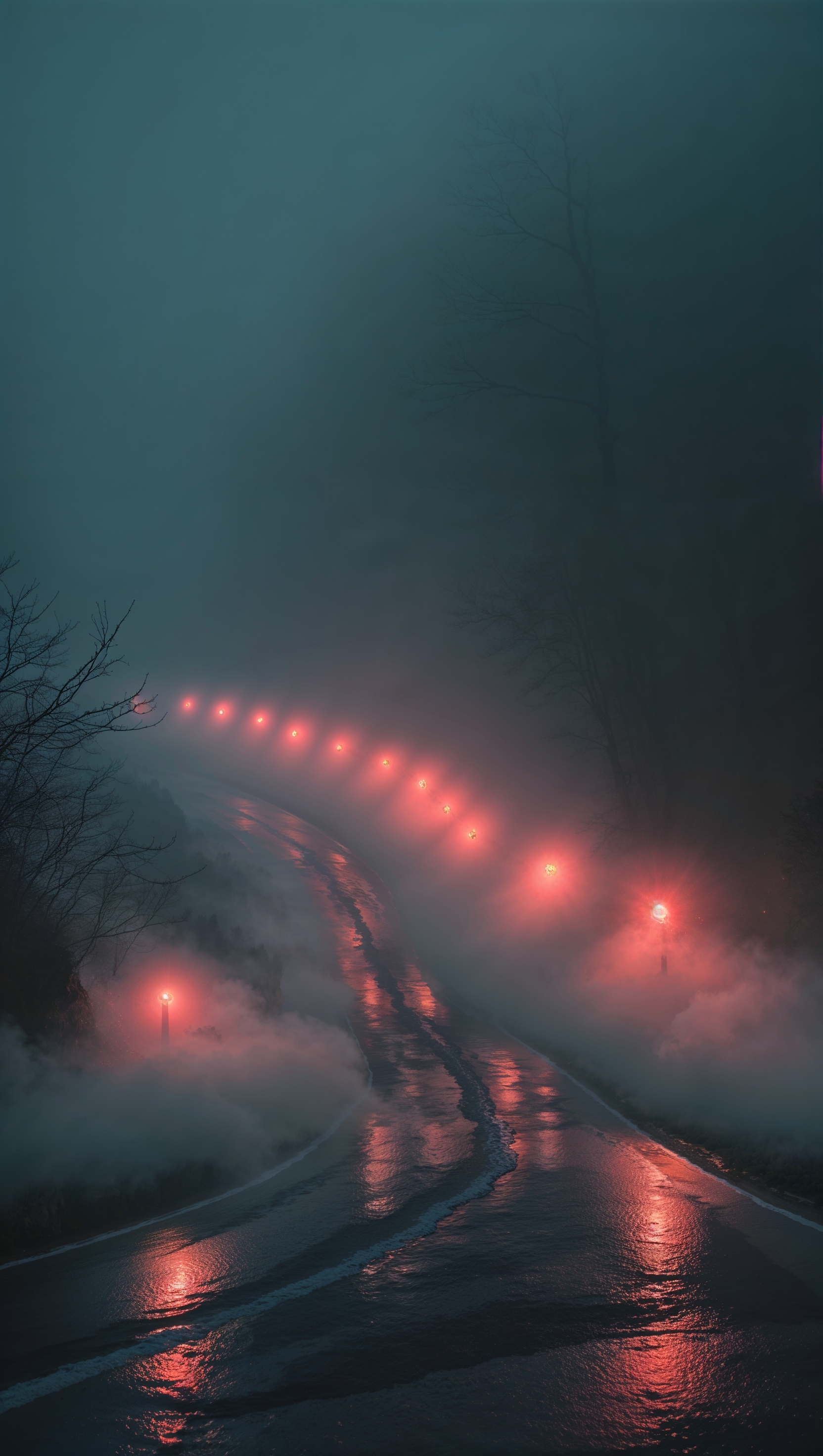 A road at night with red lights and heavy fog