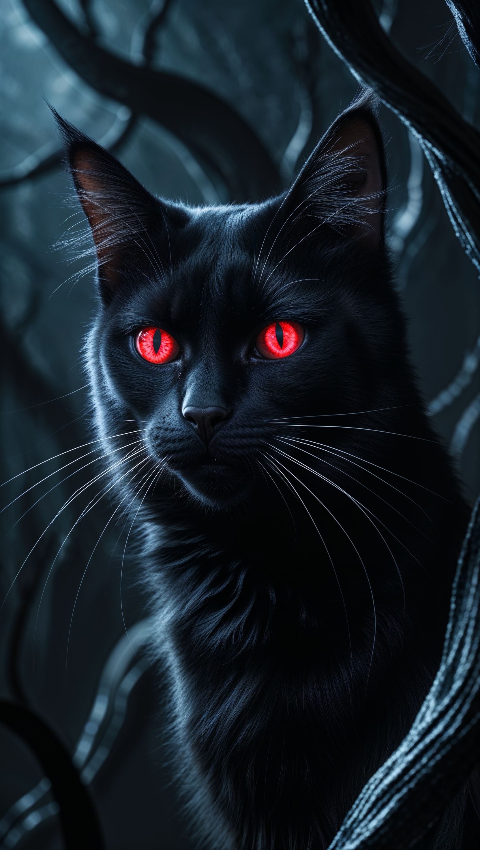 Black cat with red eyes in the dark