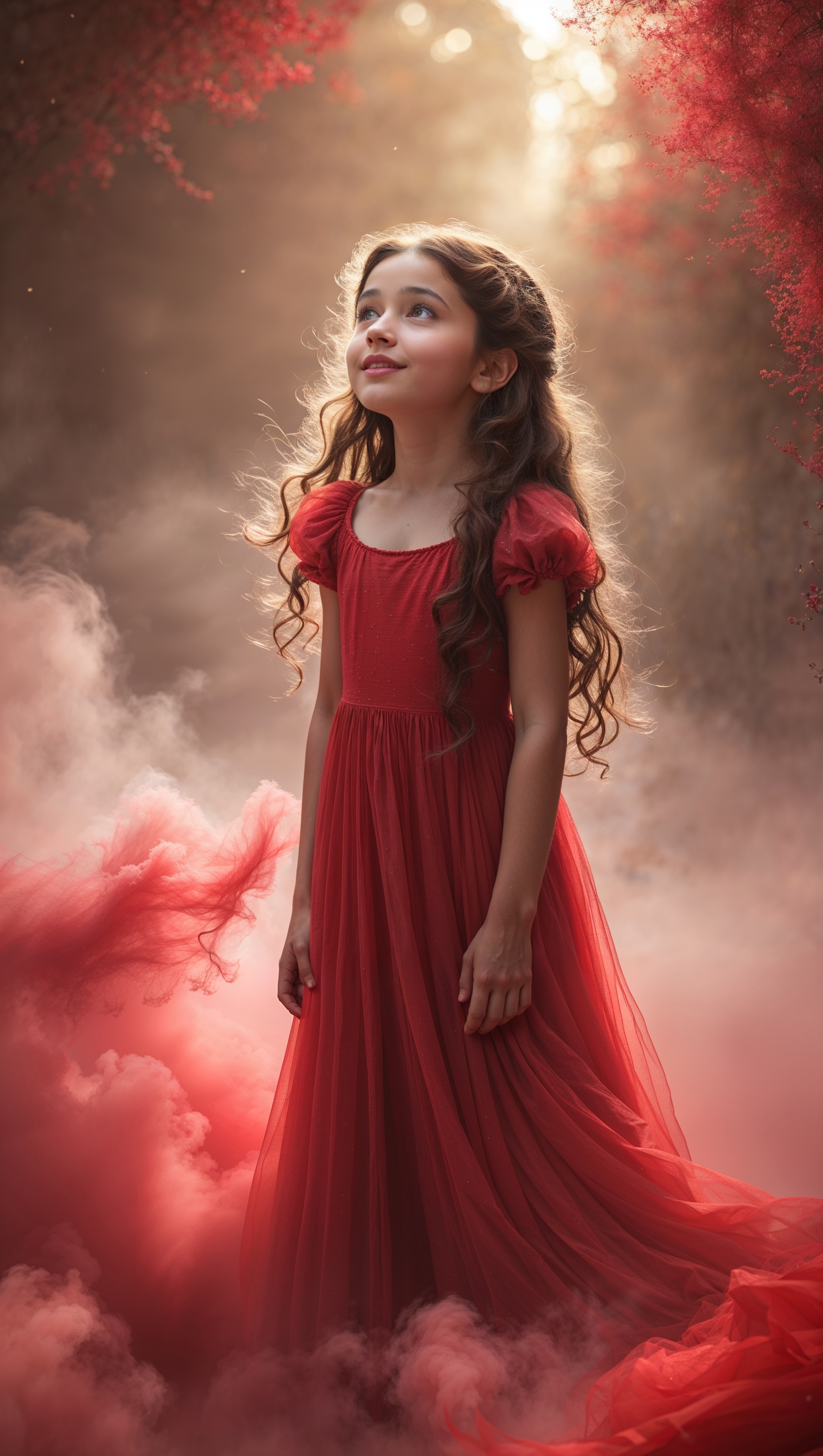 Girl in red dress in red mist with a dreamy atmosphere