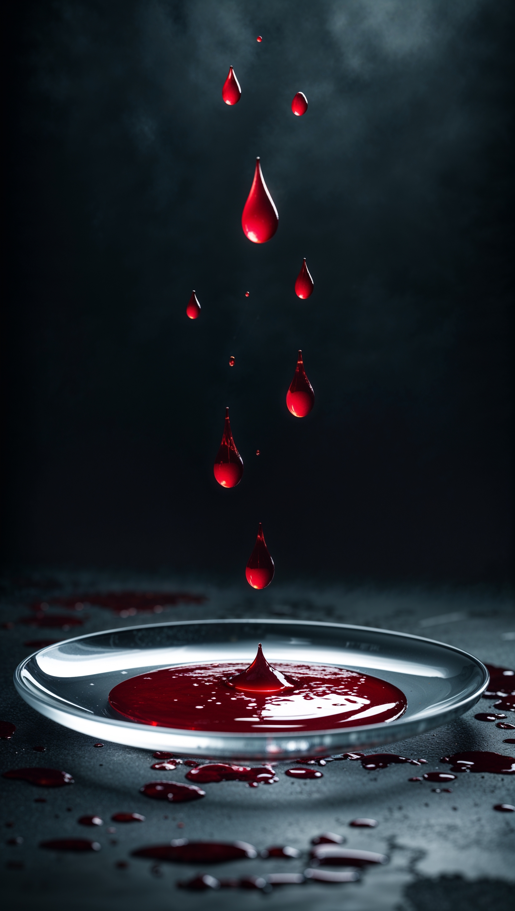 Artistic blood drops on glass with a dark background