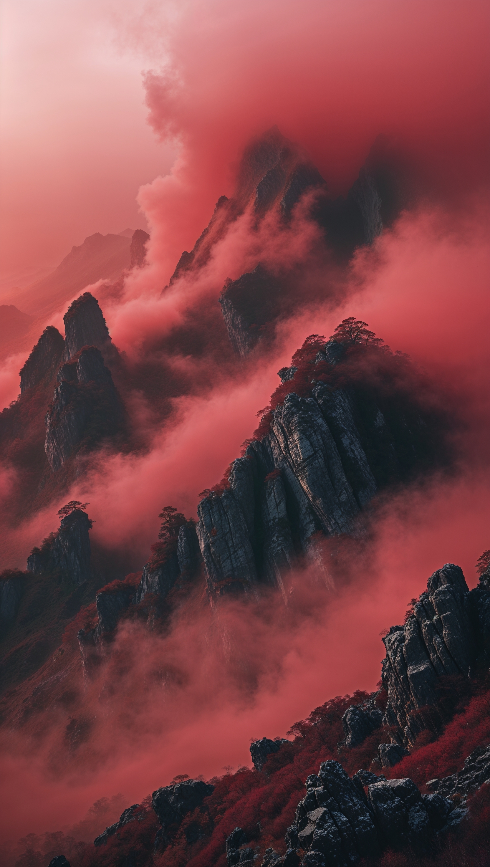Mountains covered in red mist with realistic and mysterious tone
