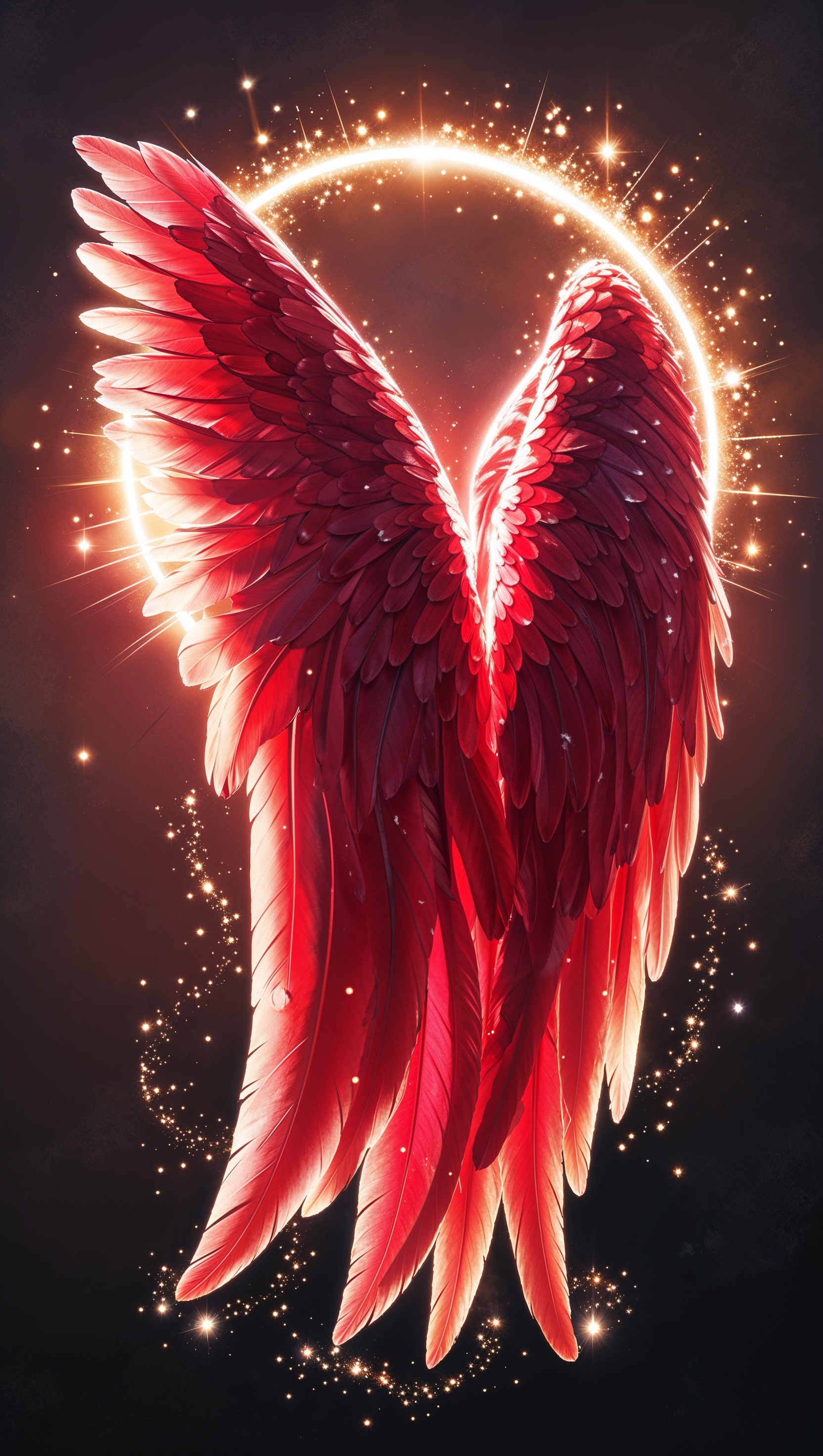 Red angel wings in backlight with magical effects