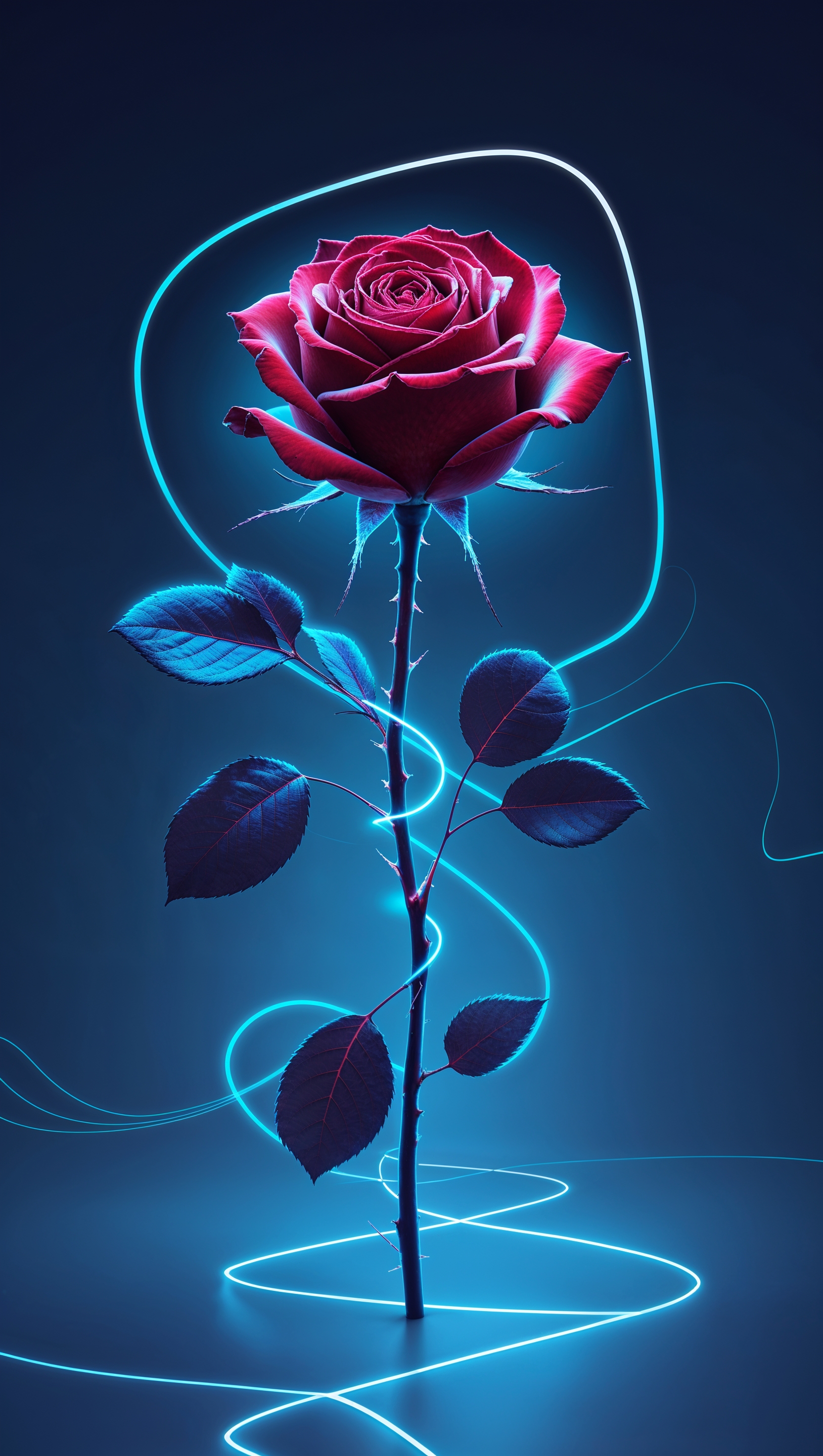 iPhone wallpaper with a red rose and neon lines