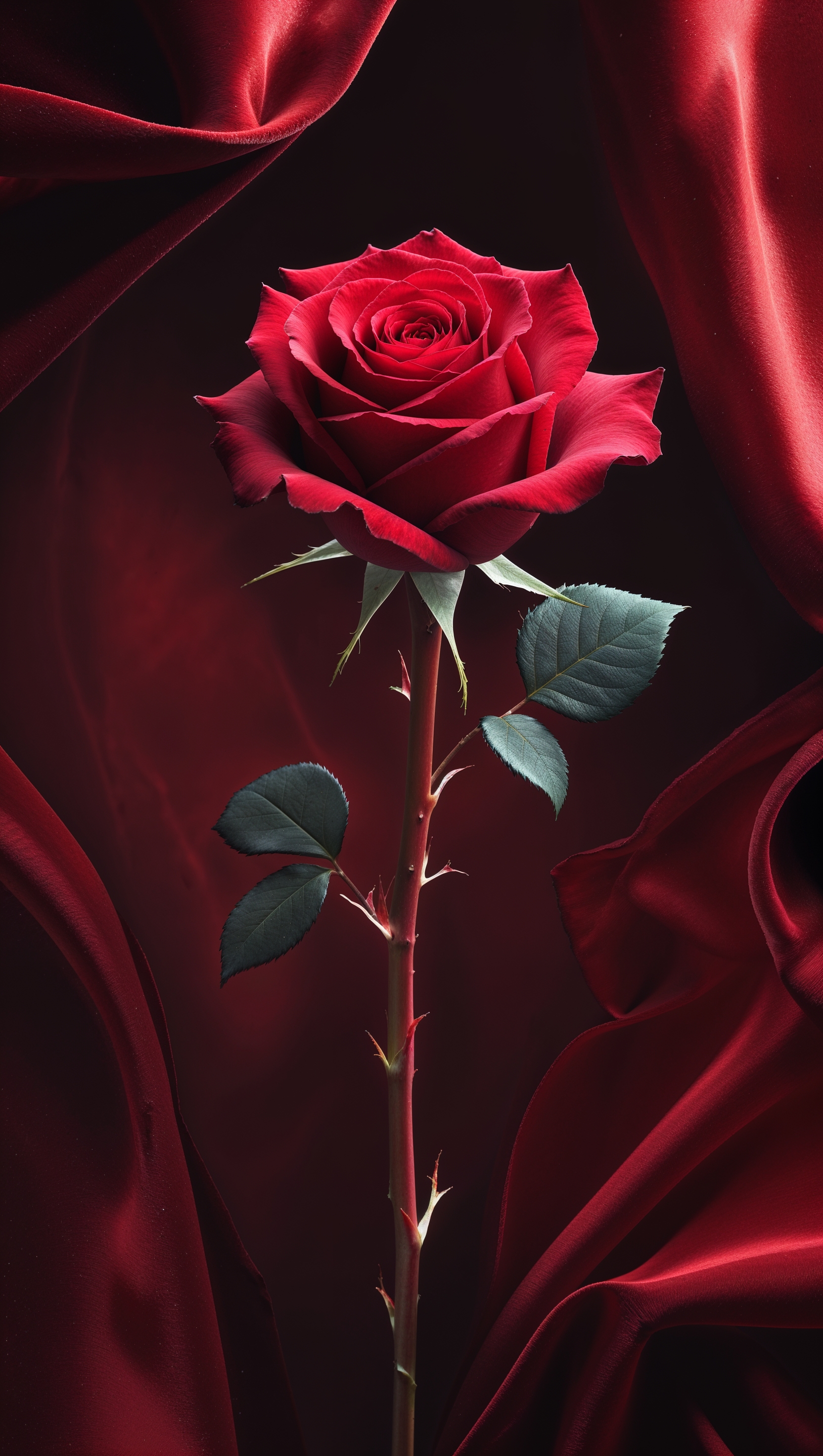 iPhone wallpaper with a red rose and velvet texture