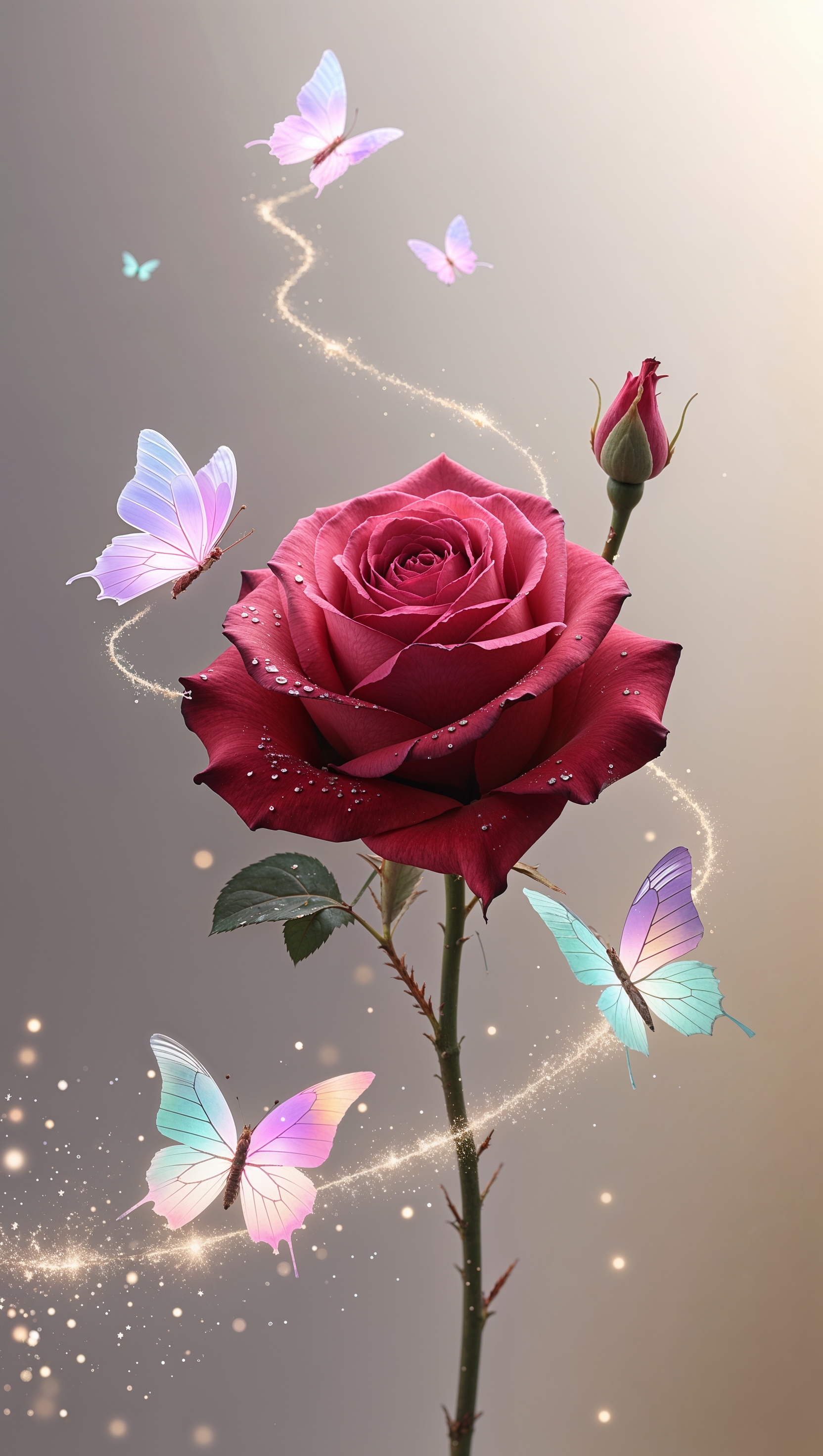 iPhone wallpaper with a red rose and glowing butterflies