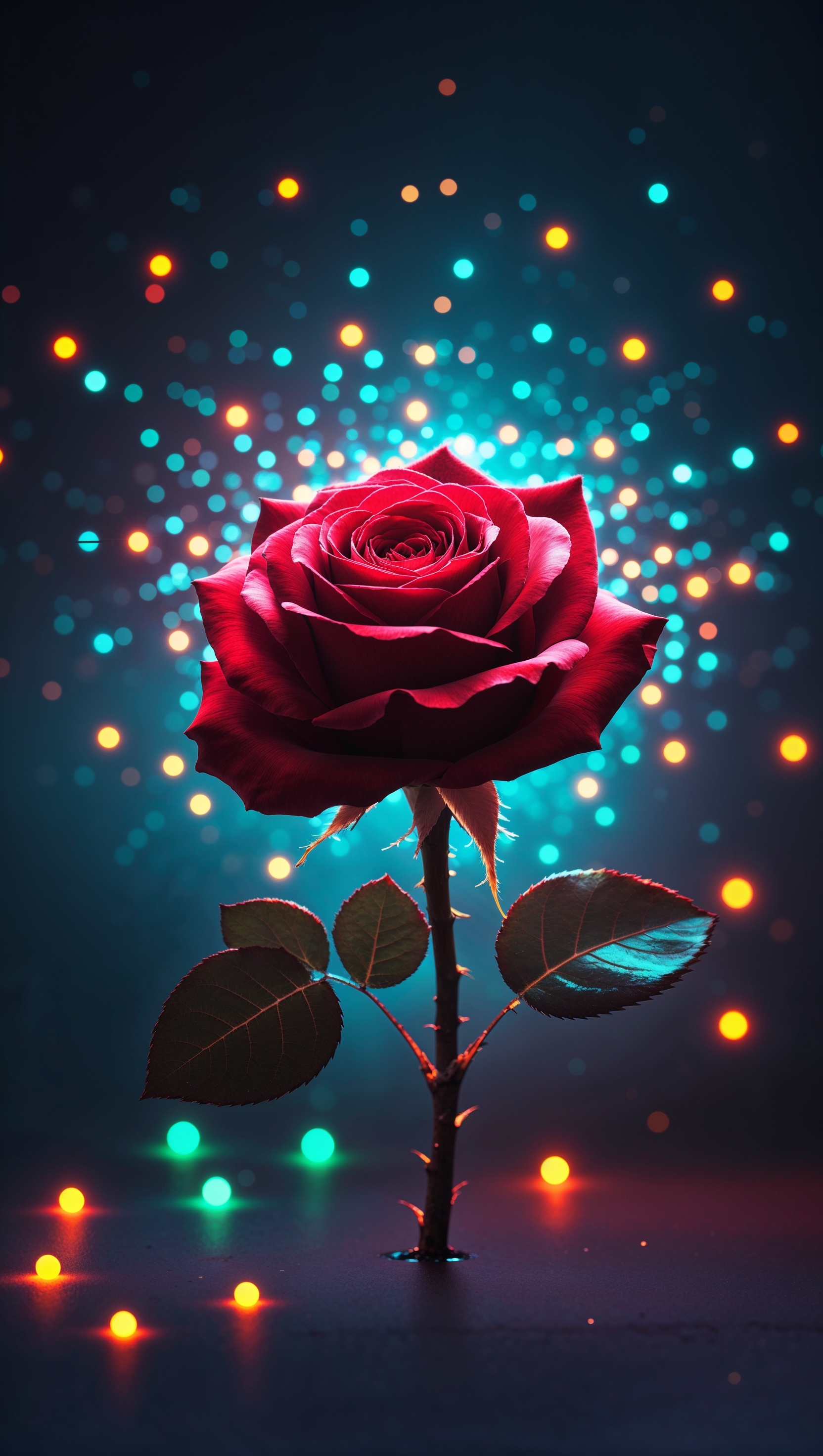 iPhone wallpaper with a red rose and dark background with colorful lights