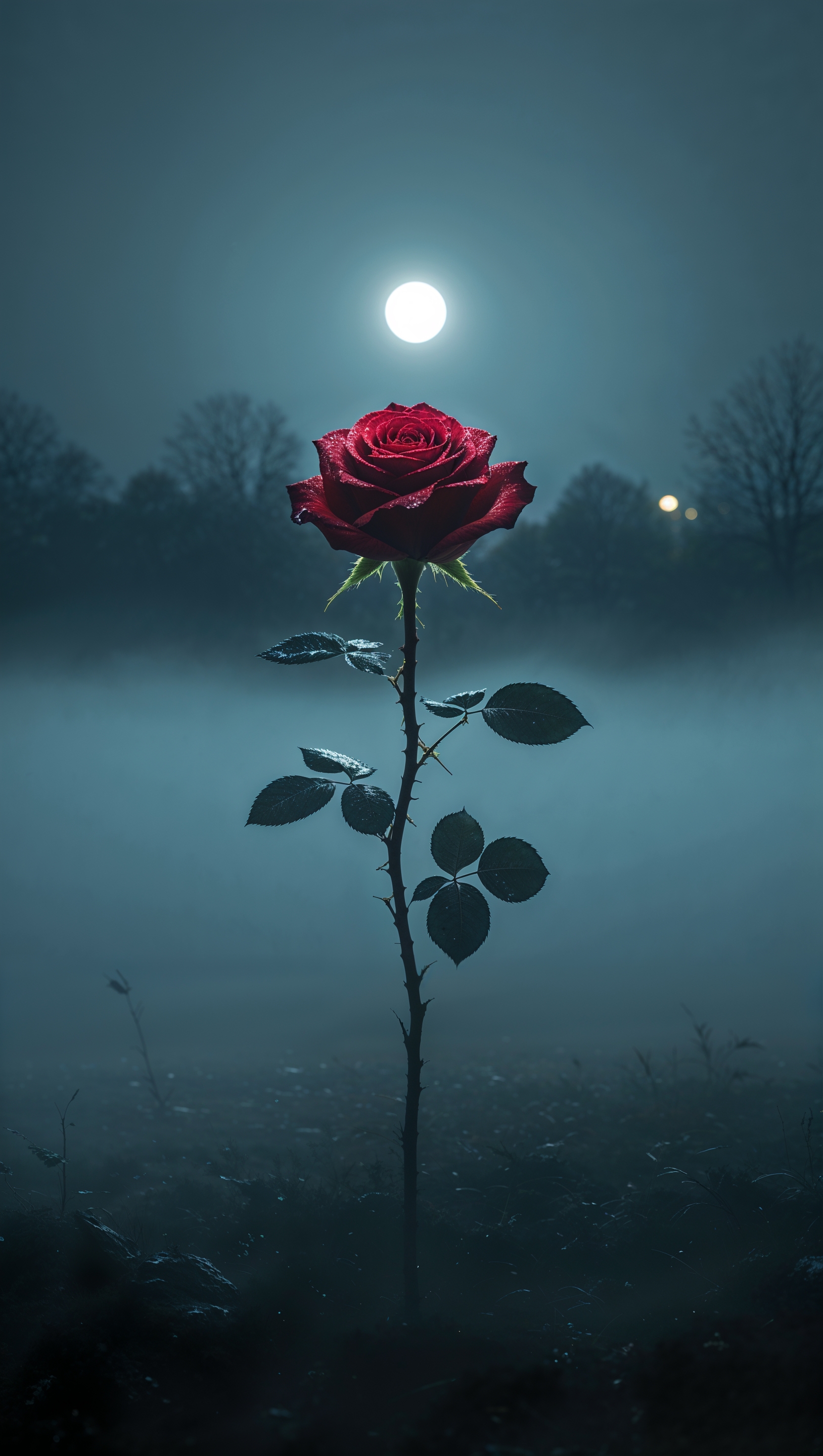 iPhone wallpaper with a red rose in a foggy night