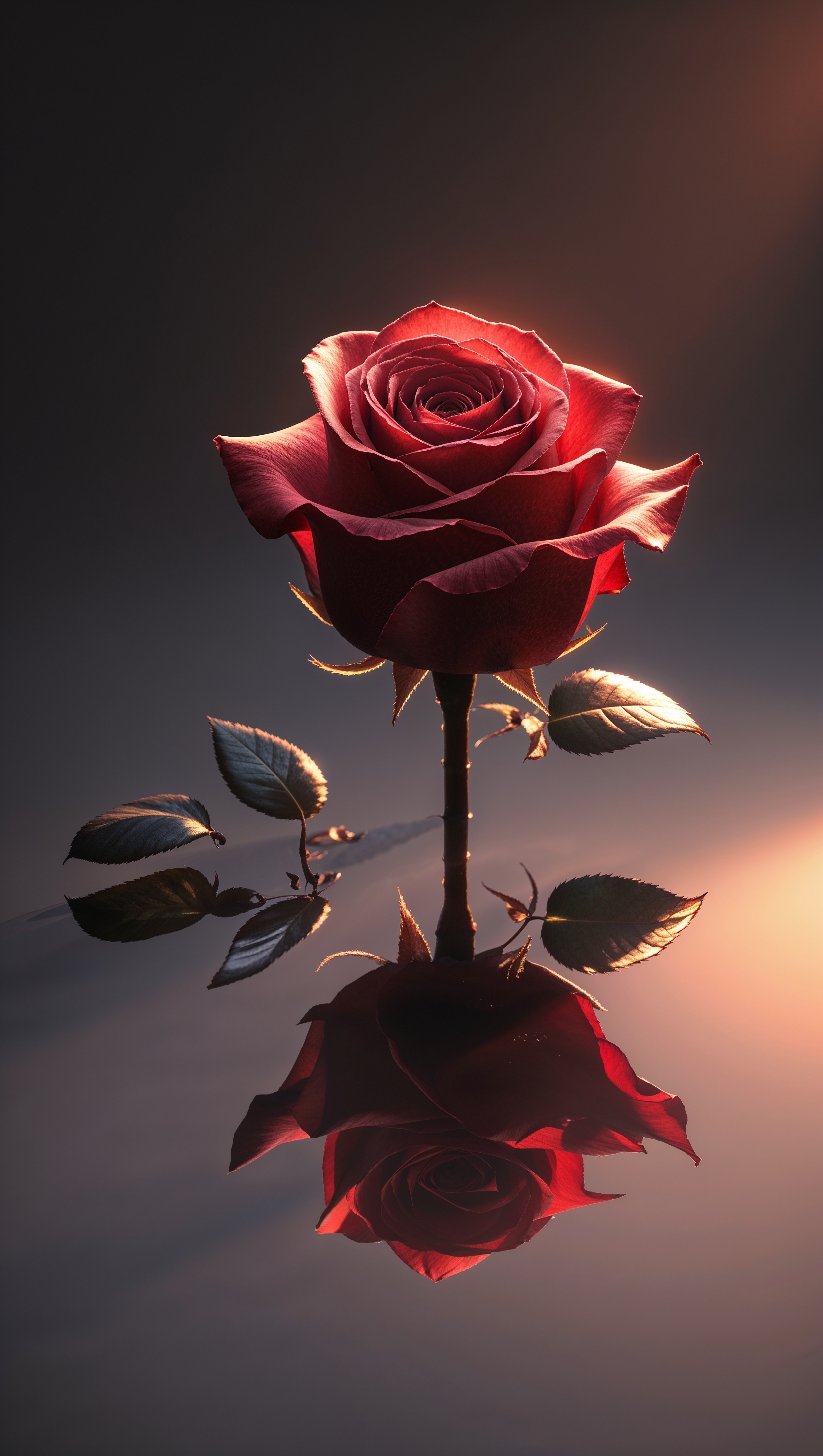 iPhone wallpaper with a red rose and soft light reflection