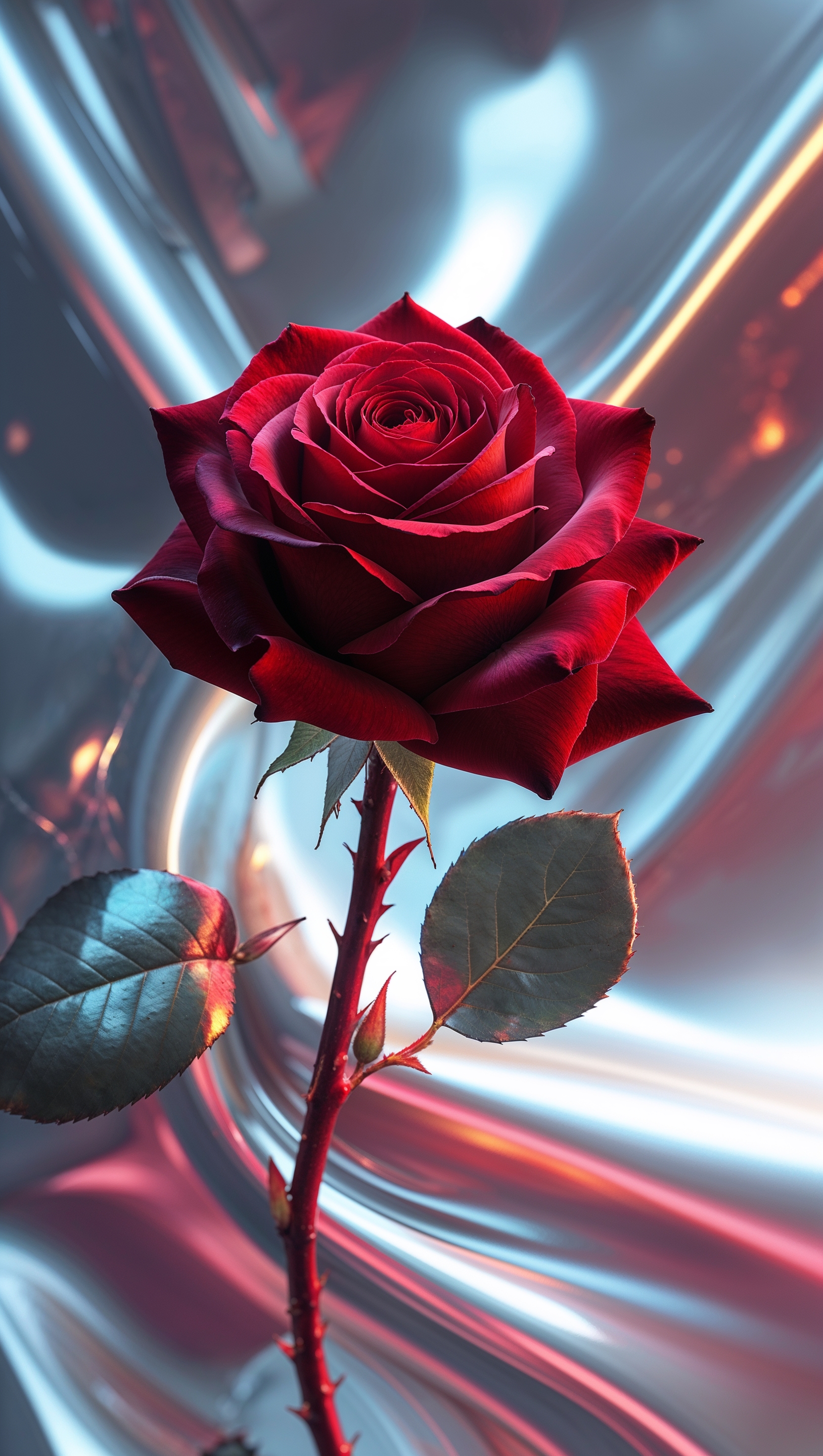 iPhone wallpaper with a red rose and metallic glossy effect