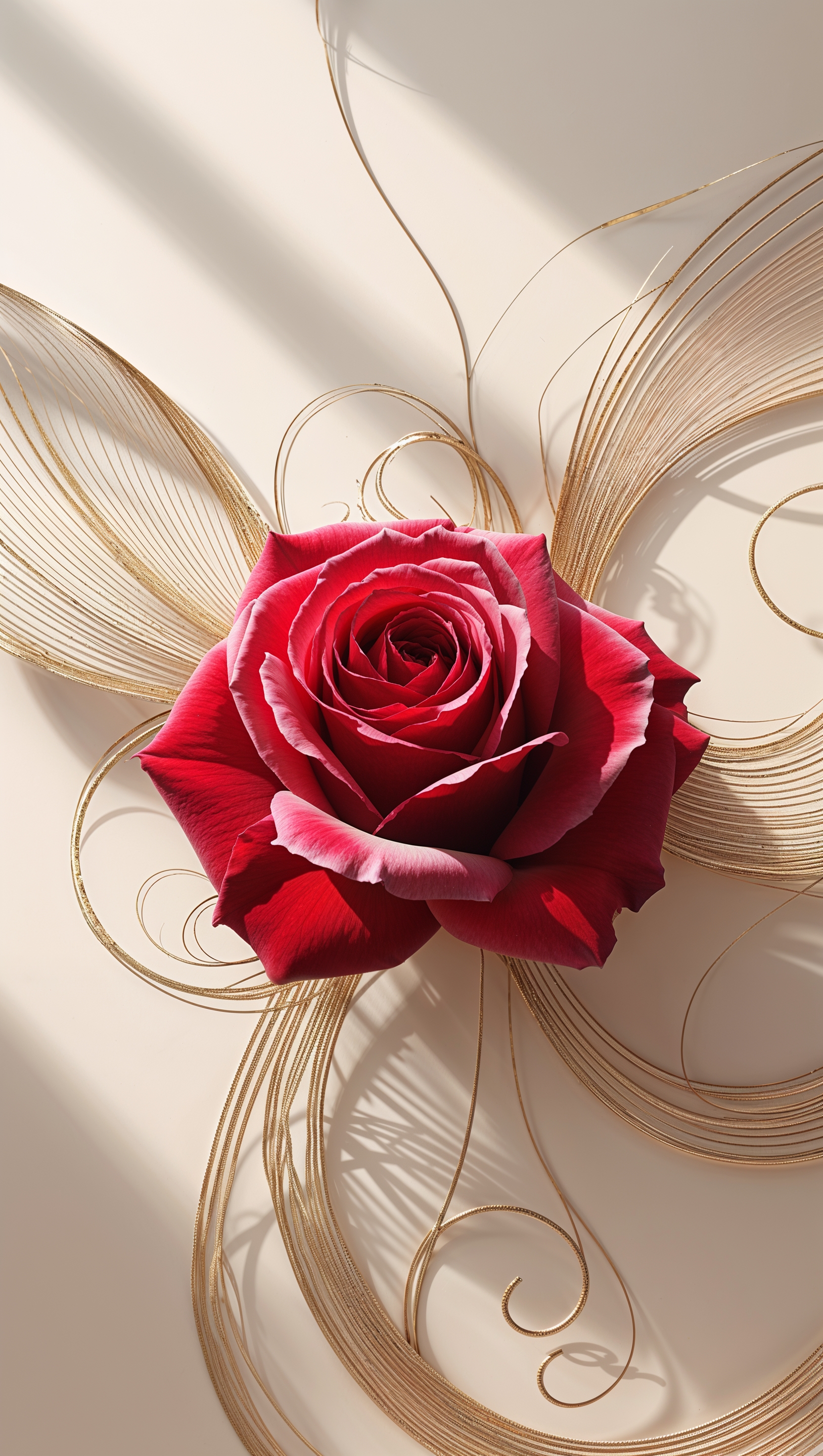 iPhone wallpaper with a red rose and delicate golden lines