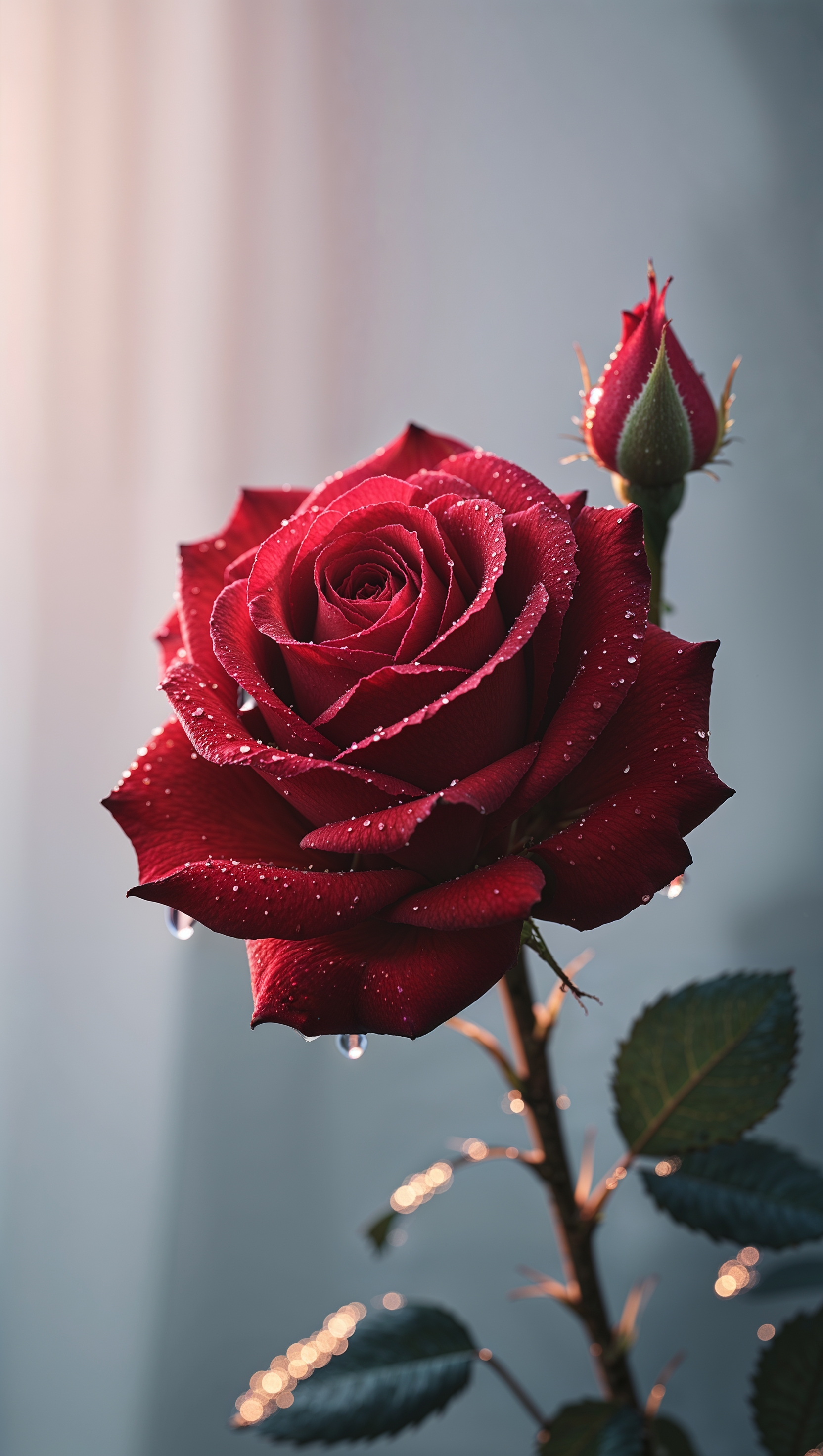 iPhone wallpaper with a red rose and dew drops
