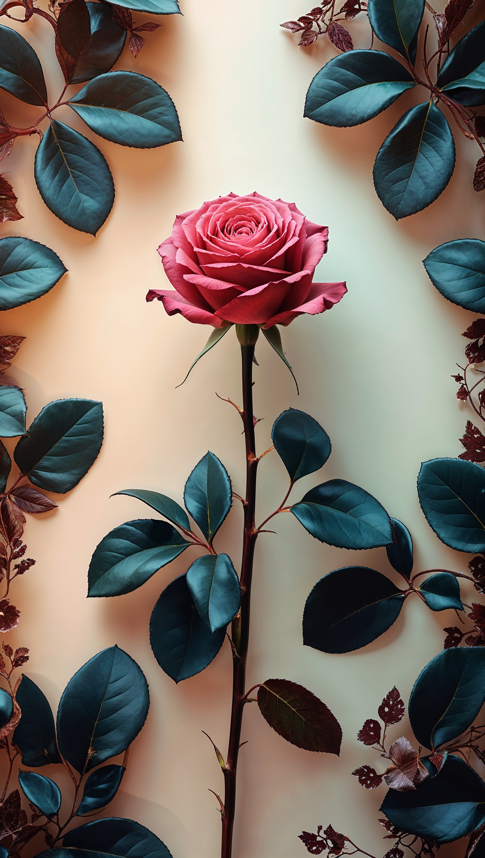 iPhone wallpaper with a red rose and dark green leaves