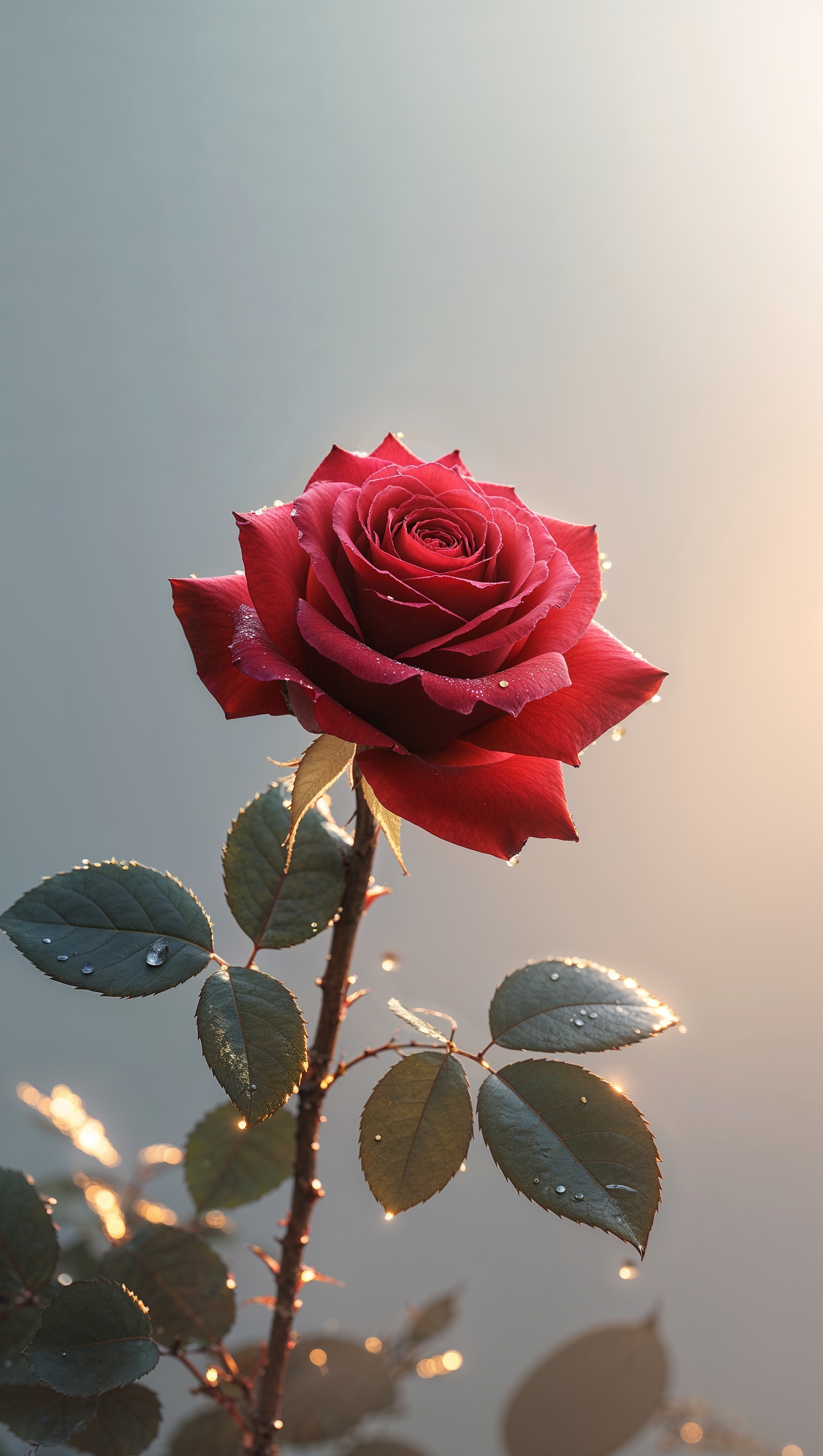 iPhone wallpaper with a red rose in soft morning light