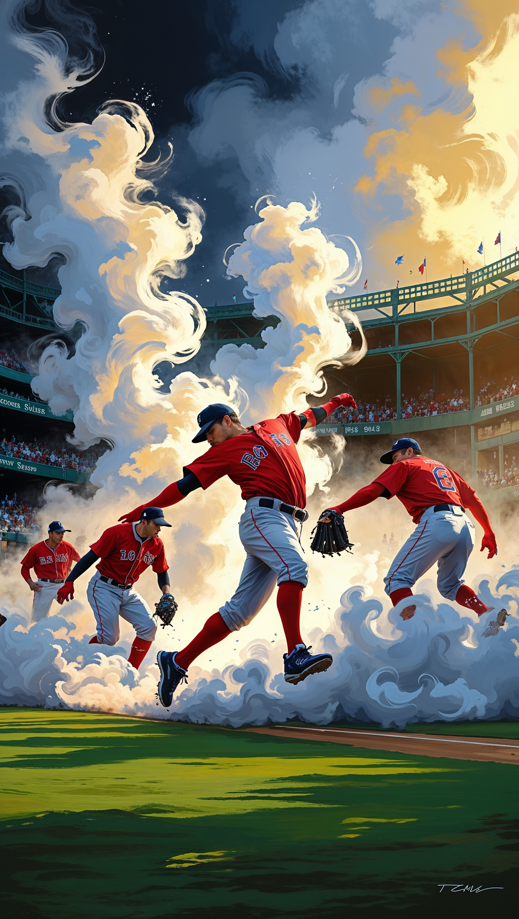 Red Sox on the field with smoke and energy effects