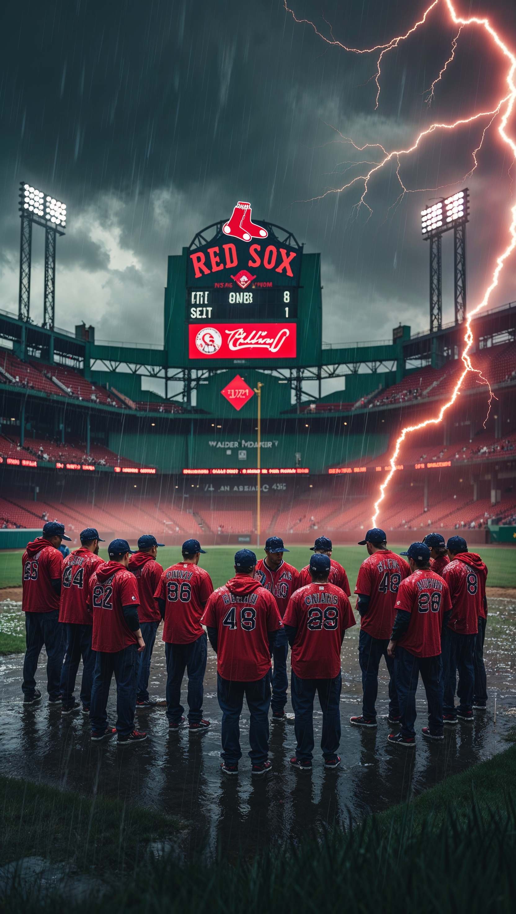 Red Sox in rainy weather with dynamic lighting effects