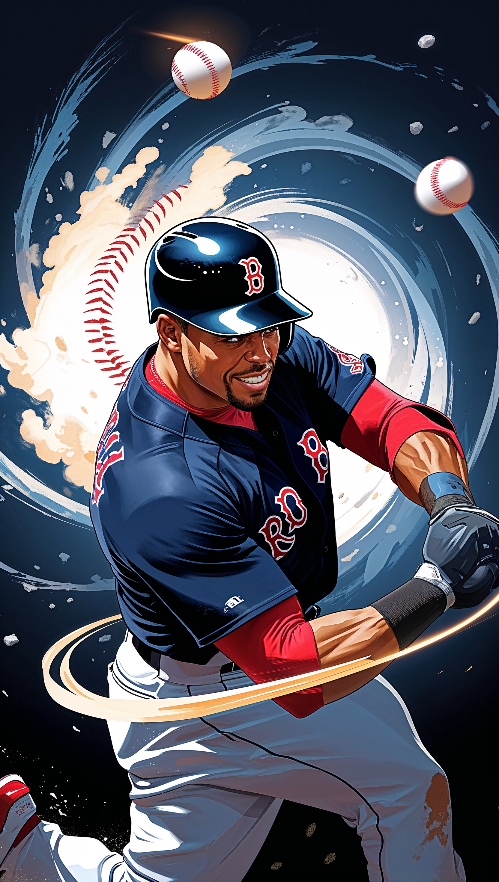 Red Sox player hitting a baseball with cinematic effects