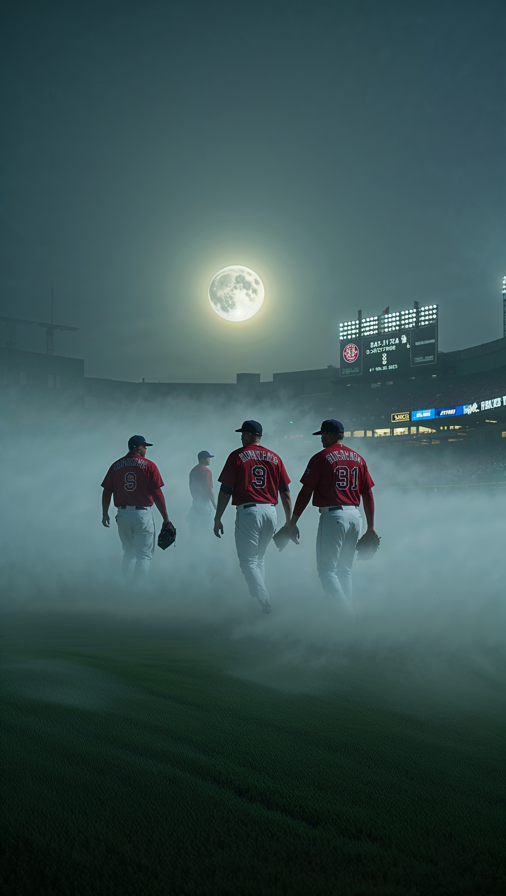 Red Sox on the field with heavy fog and moonlight