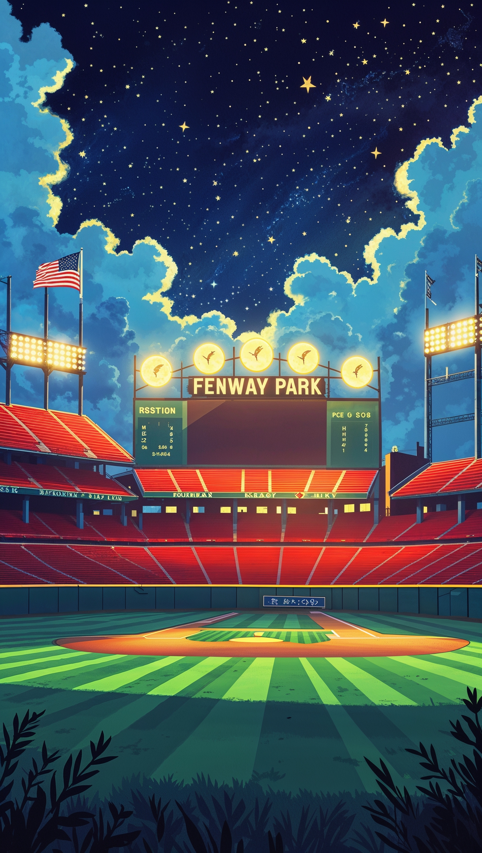 Red Sox under a starry night with stadium lights