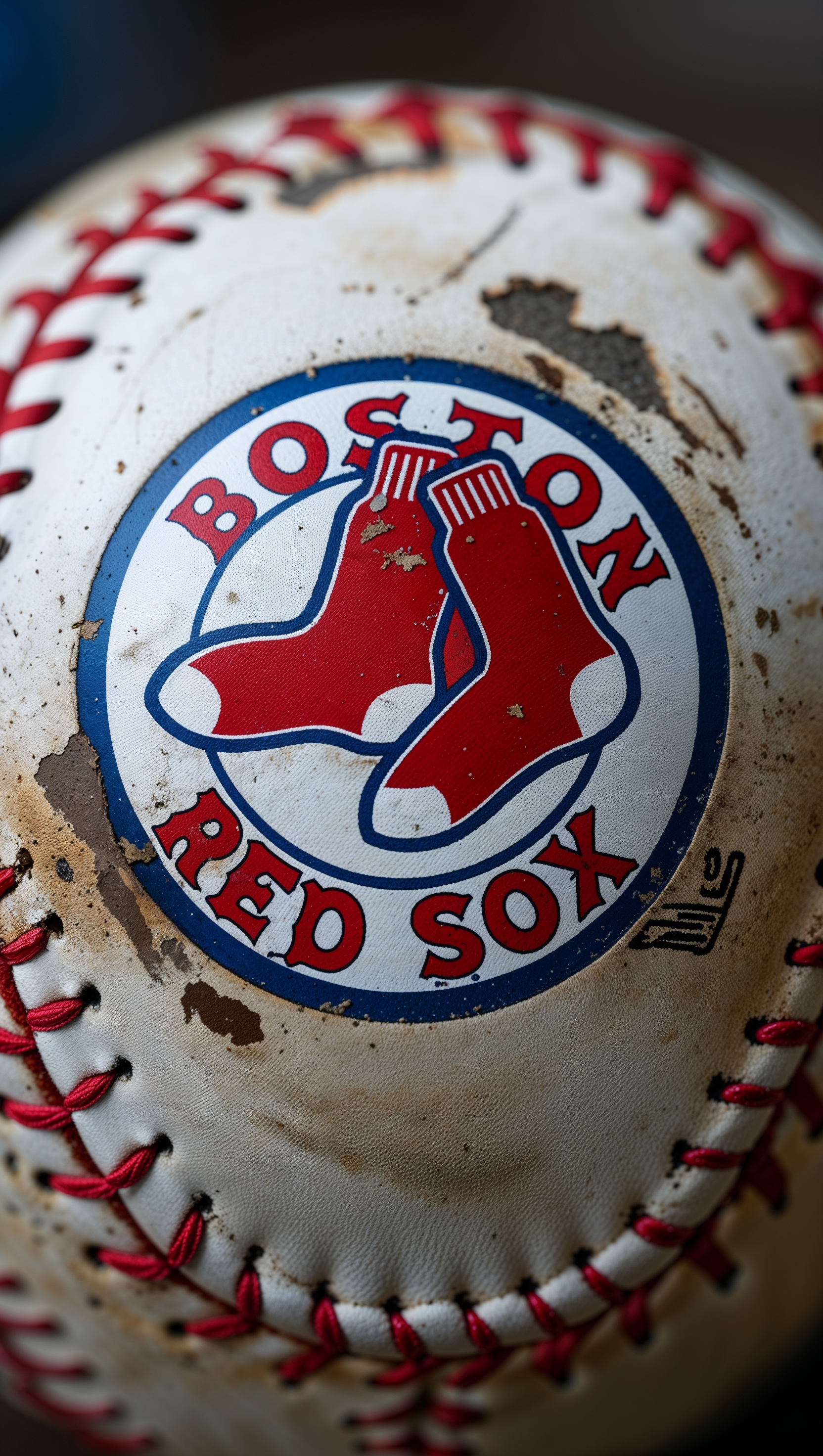 Close-up of a baseball with the Red Sox logo on it